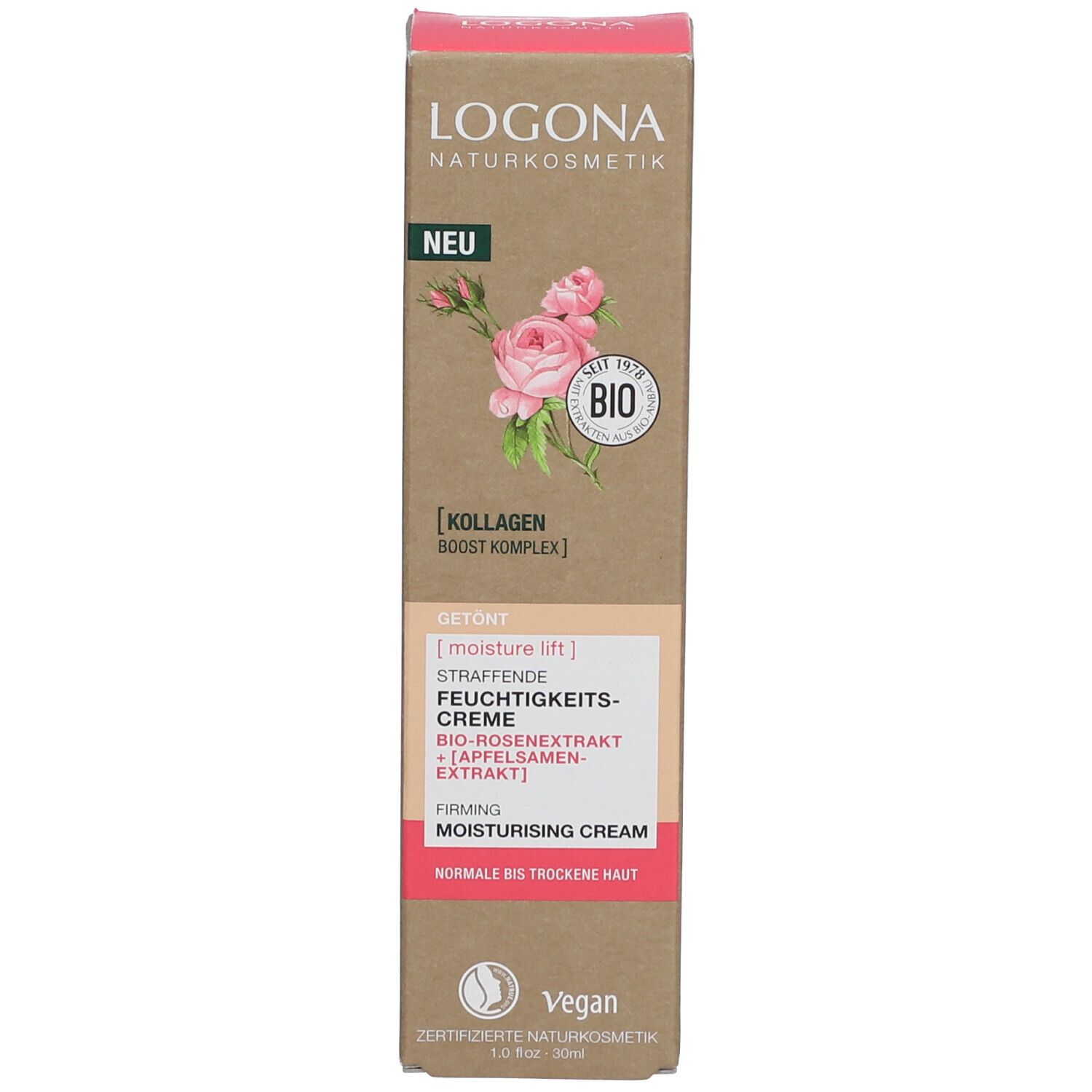 Produktverpackung mit Aufschrift LOGONA, Rosen-Illustration und Text. Enthält Bio-Rosenextrakt. Vegan. Für normale bis trockene Haut.
