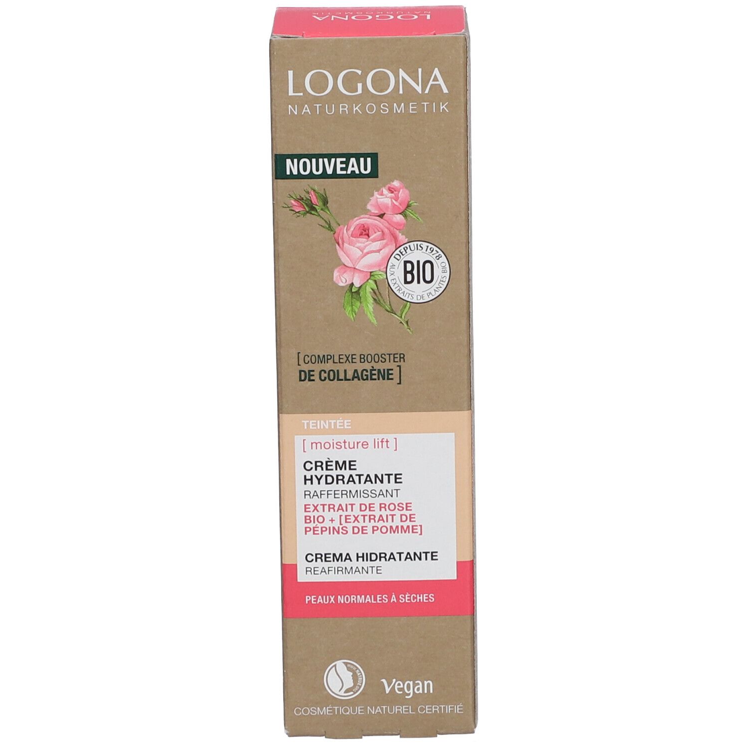 Produktverpackung mit Aufschrift LOGONA, Rosen-Illustration und Text. Enthält Bio-Rosenextrakt. Vegan. Für normale bis trockene Haut.
