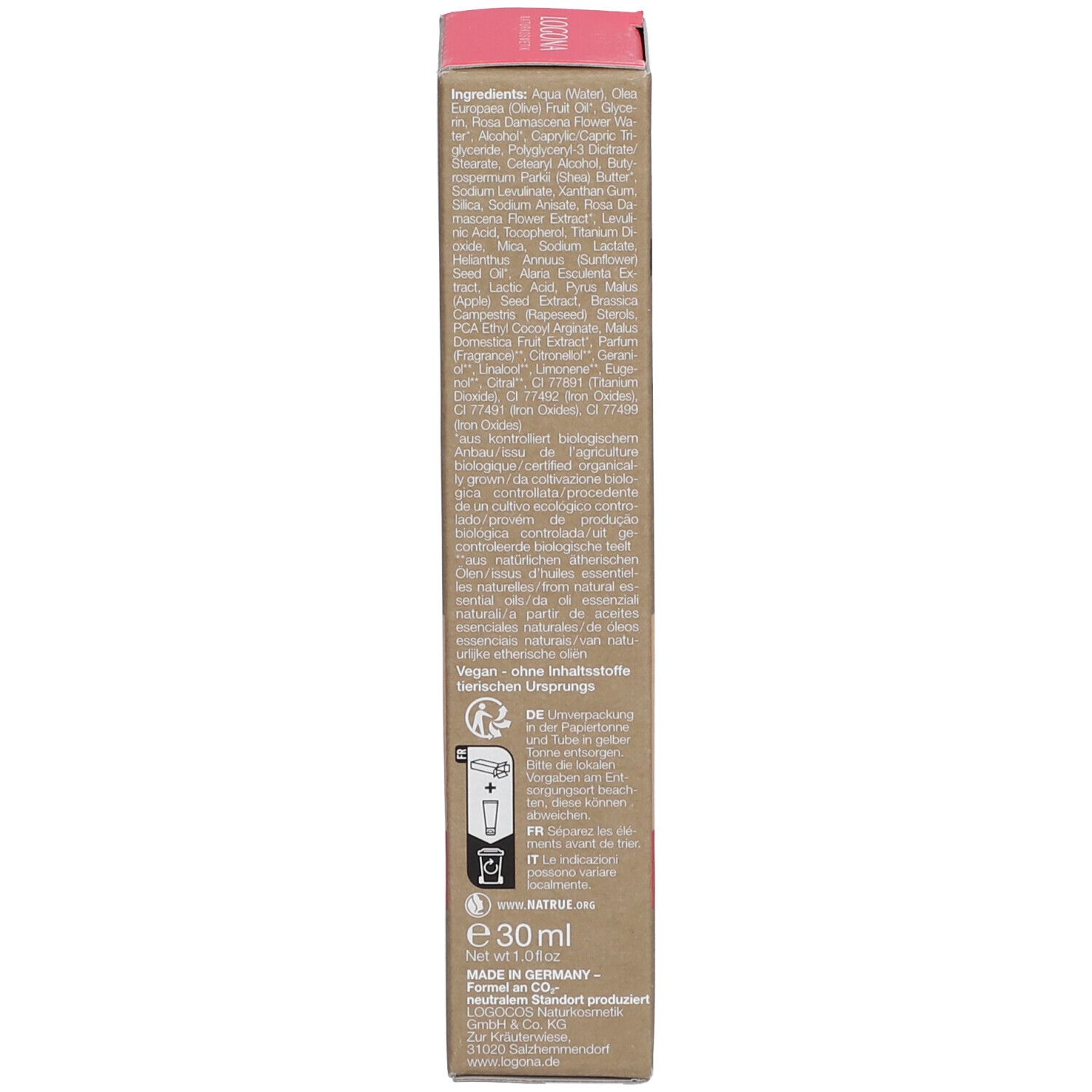 Rückseite der Produktverpackung mit Text. Enthält Informationen zu Inhaltsstoffen, Hersteller und Zertifizierungen. 30 ml.