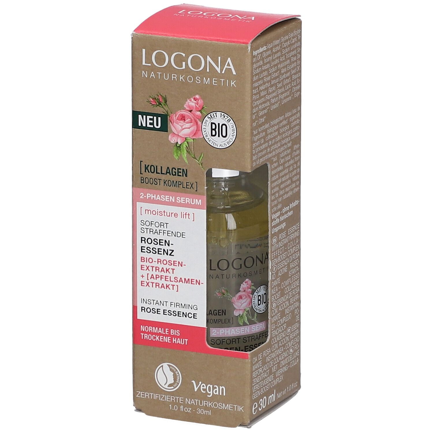 Boîte avec flacon de sérum. Inscriptions: LOGONA, Sérum 2 phases, label bio, Vegan. Informations produit visibles.