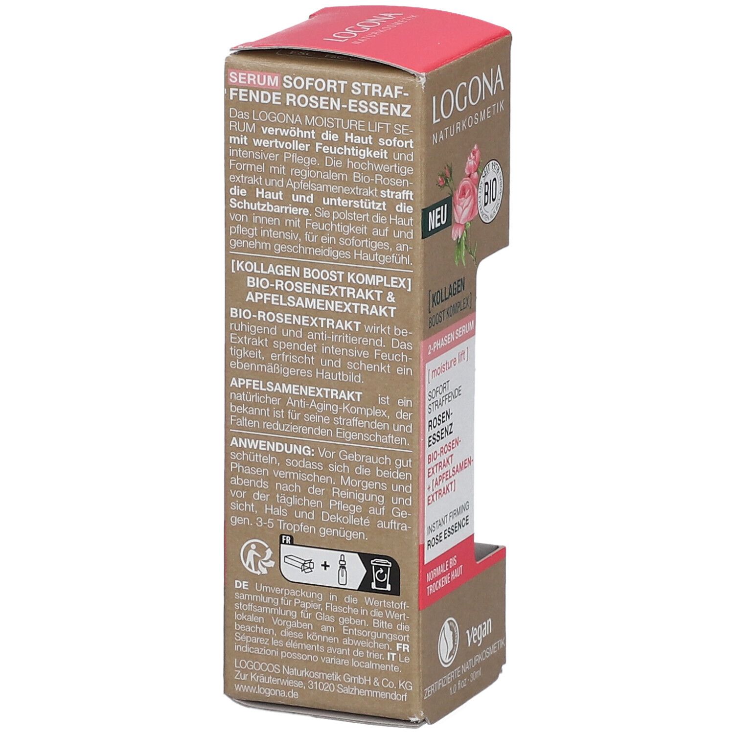 Boîte avec informations produit. Texte sur l'effet du sérum, ingrédients, instructions d'utilisation. Label bio et logo Vegan.
