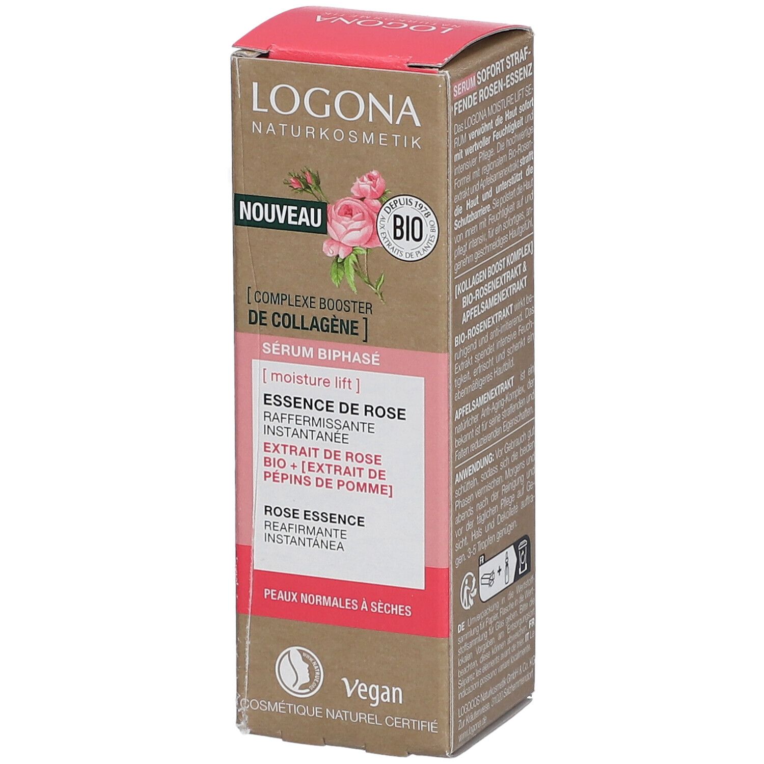 Boîte avec flacon de sérum. Inscriptions: LOGONA, Sérum Biphase, label bio, Vegan. Informations produit en français.