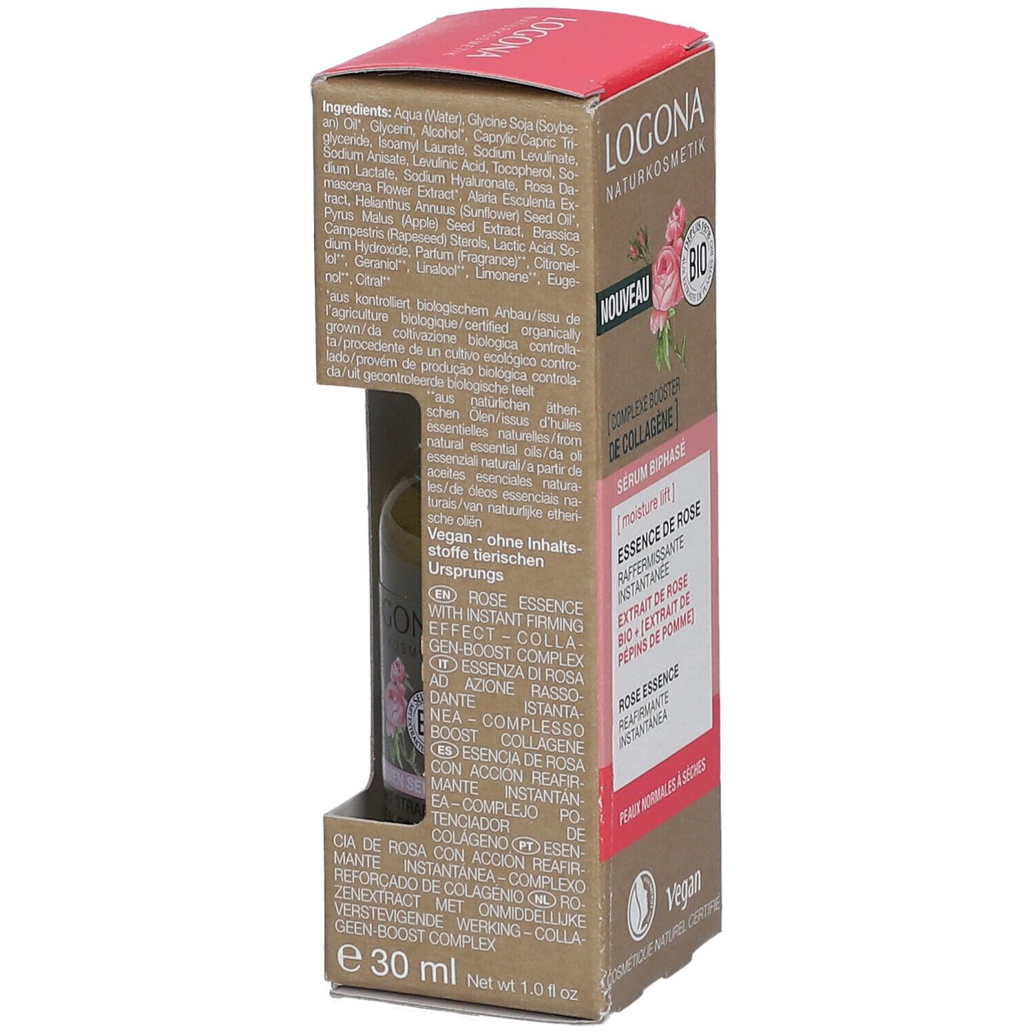 Boîte avec liste d'ingrédients et informations produit. Label bio et logo Vegan. Flacon de sérum visible.