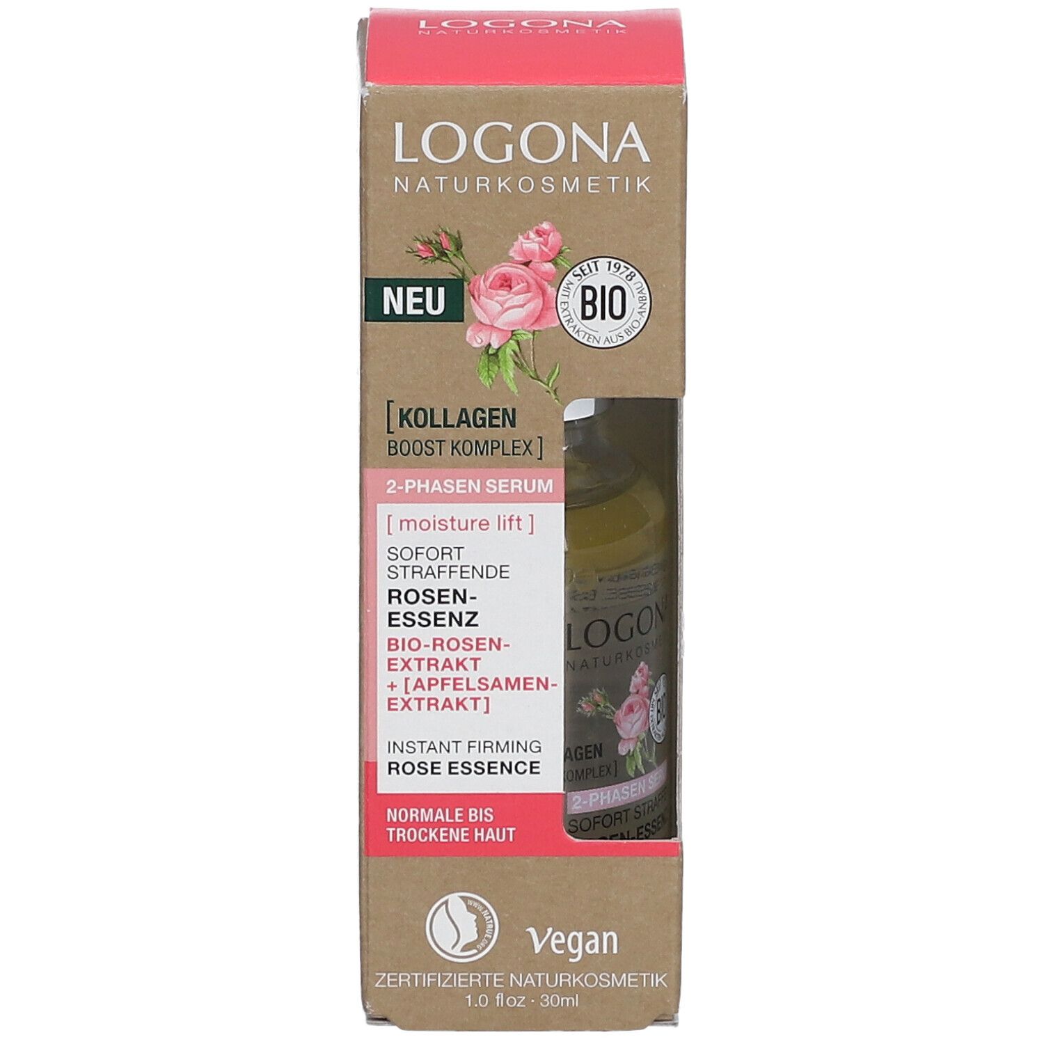 Boîte avec flacon de sérum. Inscriptions: LOGONA, Sérum 2 phases, label bio, Vegan. Informations produit.