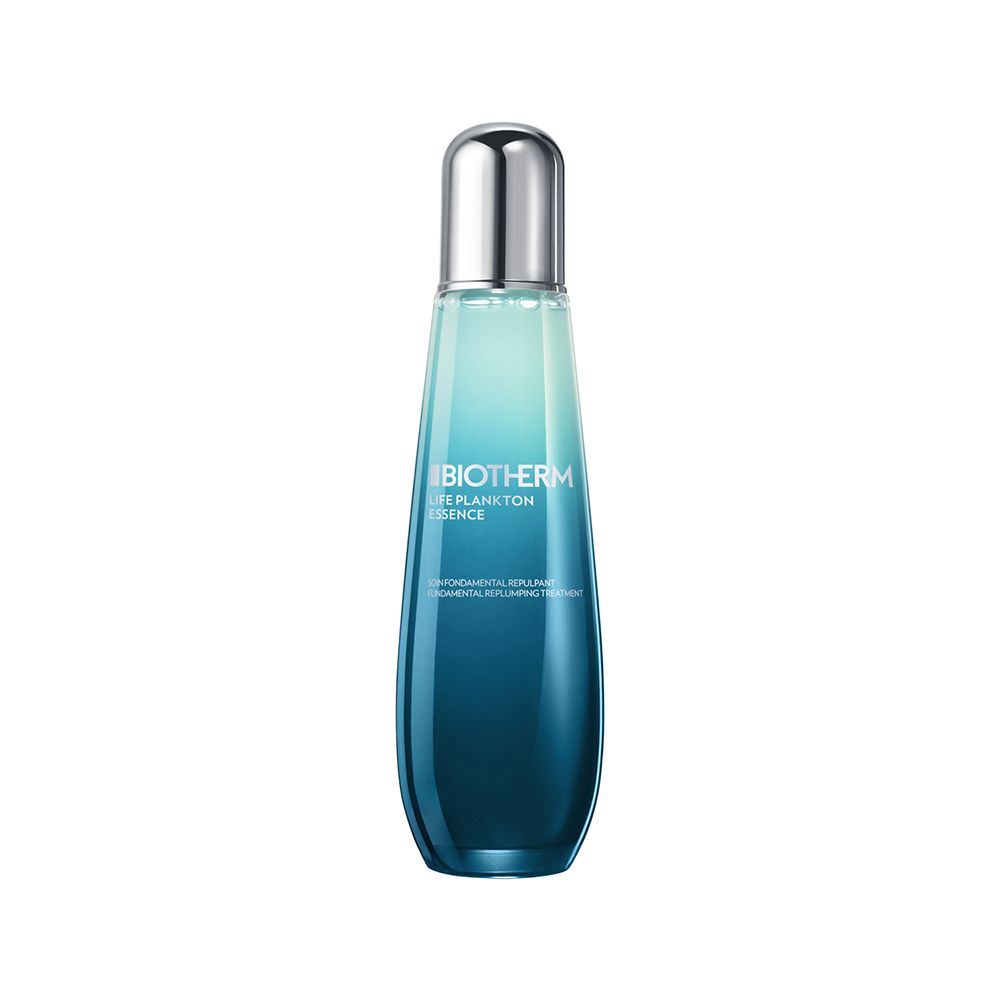 Blau-transparente Flasche mit silbernem Deckel. Aufschrift: BIOTHERM LIFE PLANKTON ESSENCE.