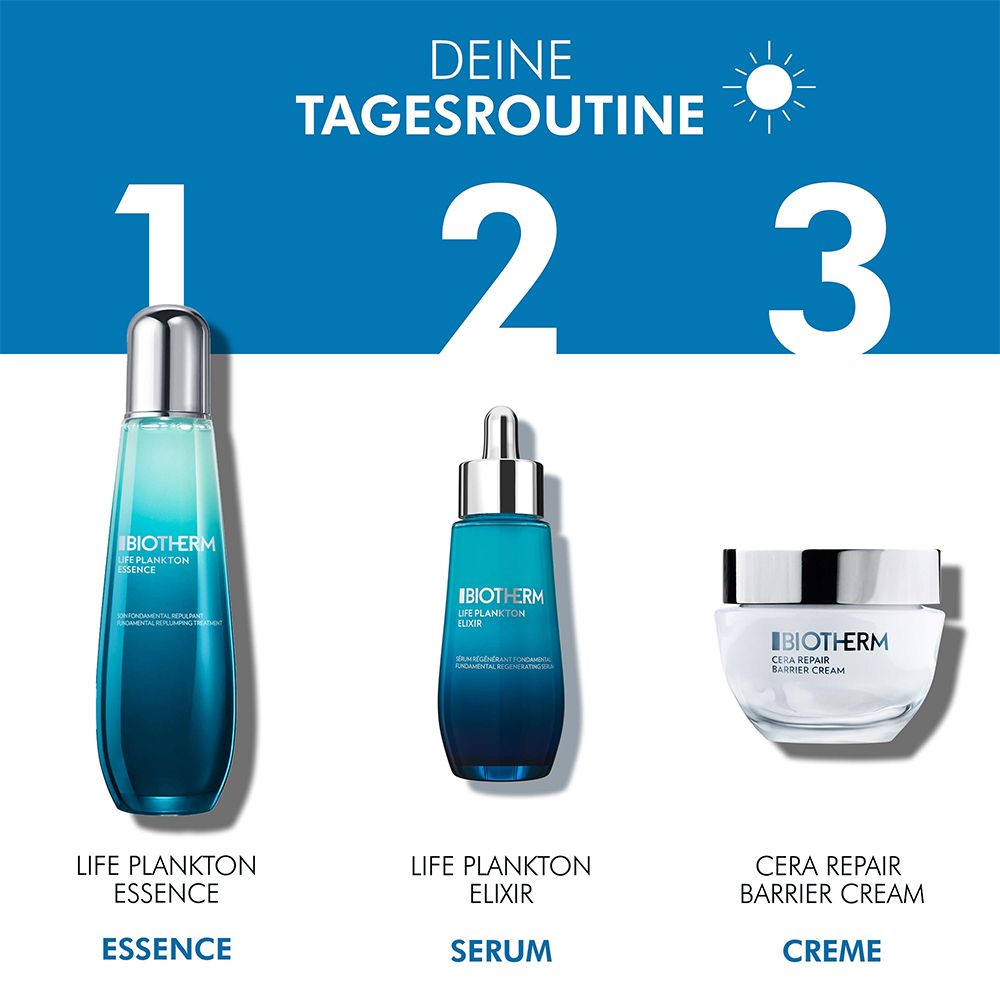 Drei Produkte: BIOTHERM Life Plankton Essence, Serum und Creme. Text: Deine Tagesroutine.