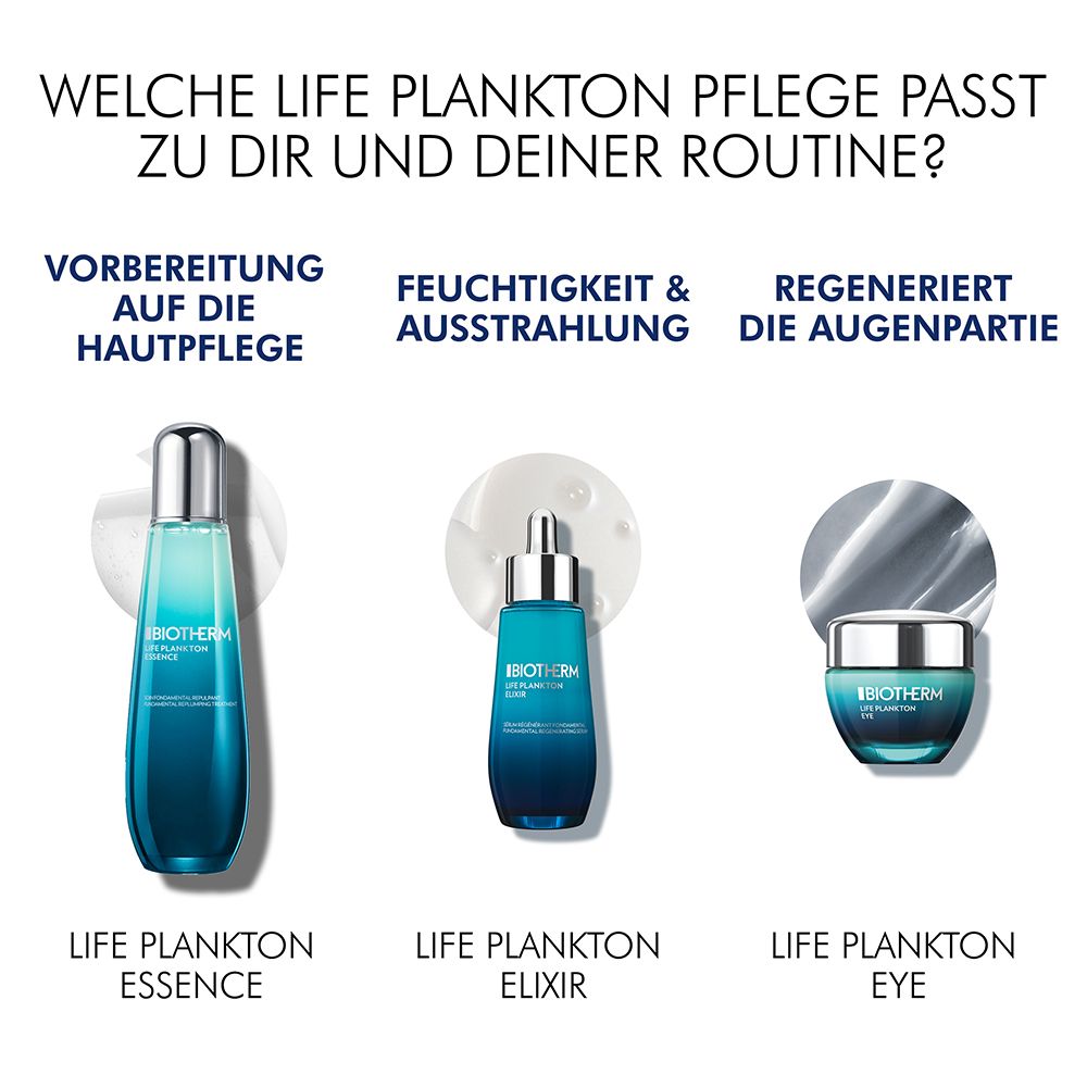 Drei Produkte: BIOTHERM Life Plankton Essence, Elixir und Eye. Text: Welche Life Plankton Pflege passt zu dir?