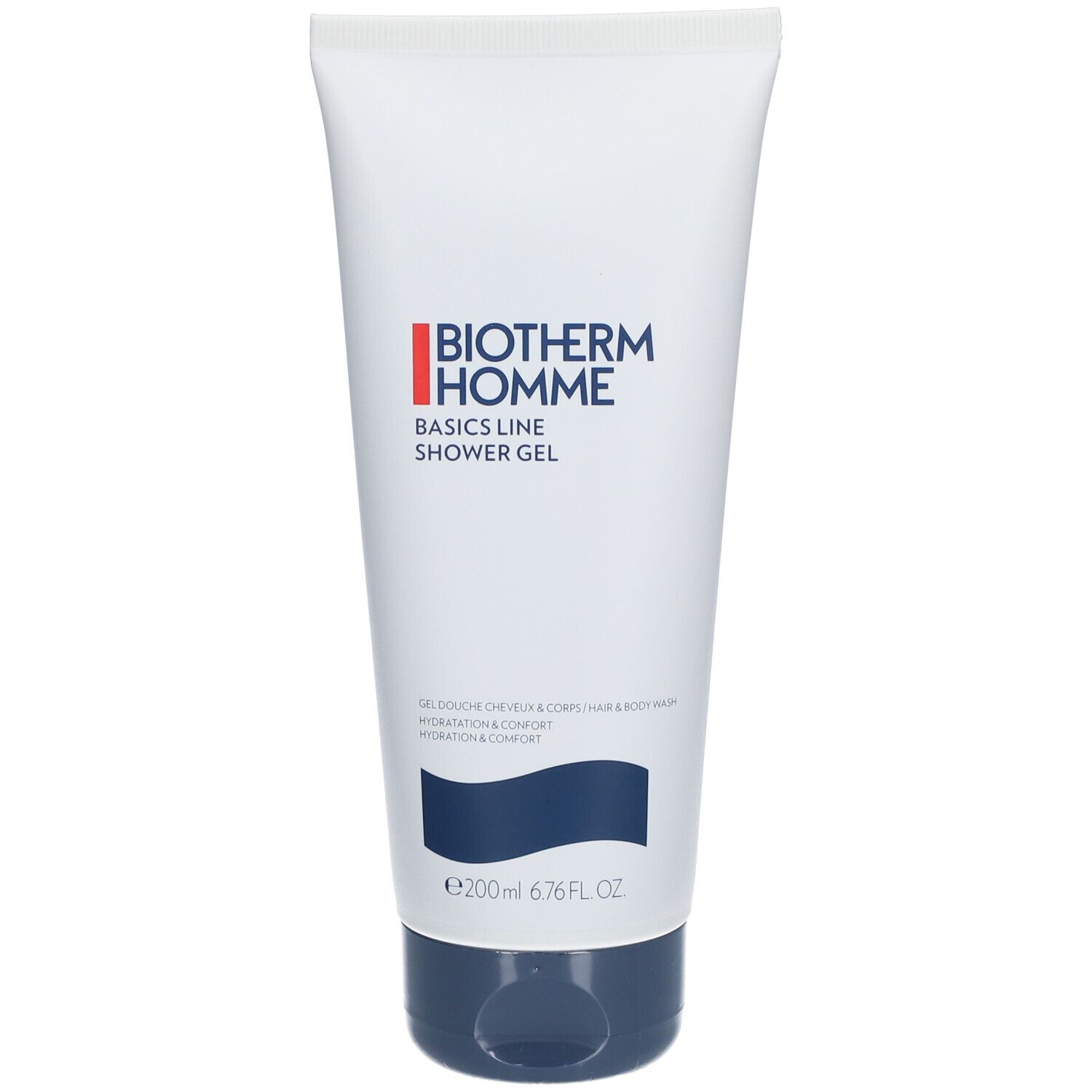 BIOTHERM Homme Basics Line Duschgel. Tube blanche, bouchon bleu. Texte: "SHOWER GEL".