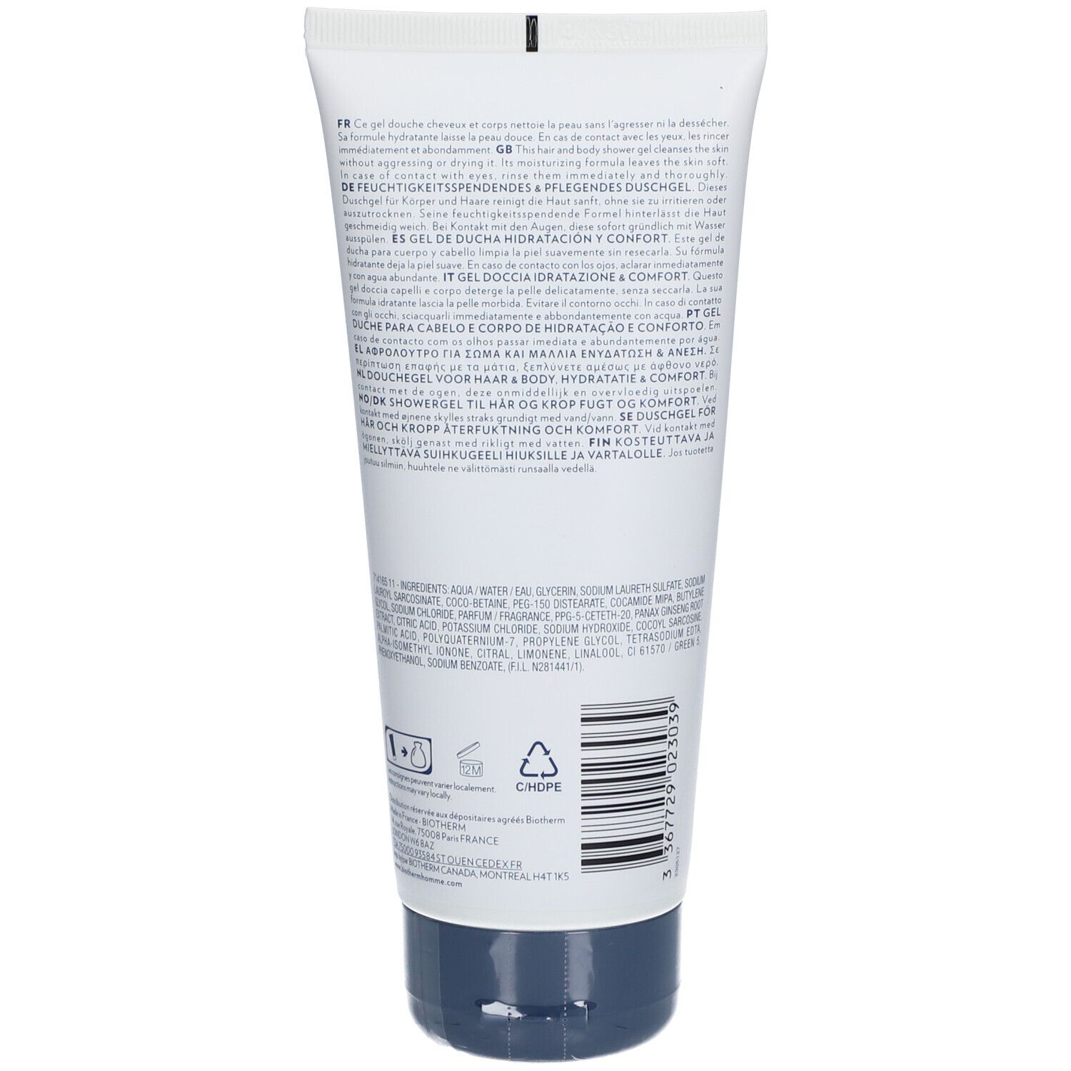 Dos de tube BIOTHERM Homme Basics Line Duschgel. Texte et code-barres.