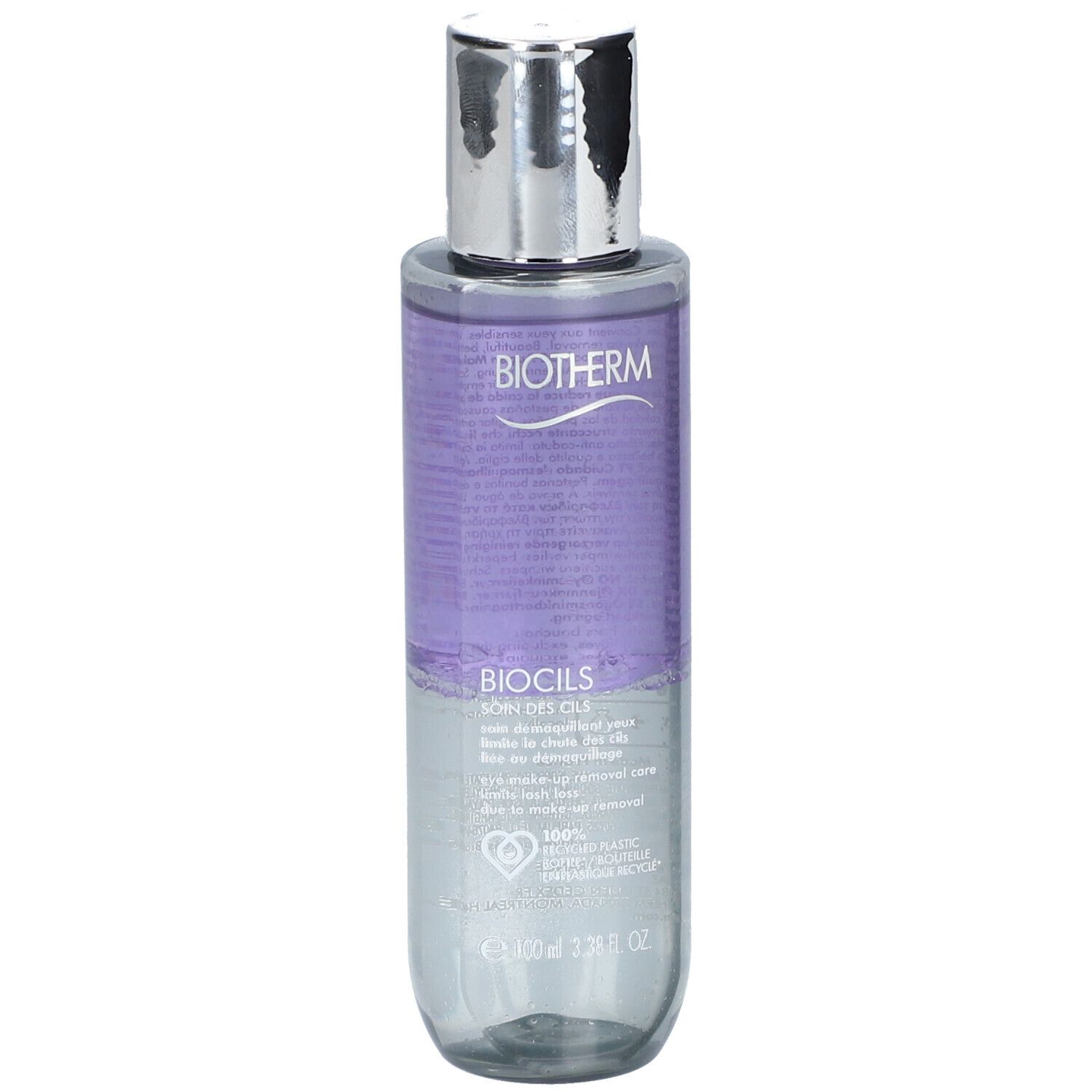 BIOTHERM Biocils Augen-Make-Up-Entferner. Flasche mit silbernem Deckel. Zwei Flüssigkeiten, lila und klar. BIOTHERM und BIOCILS Schriftzug.