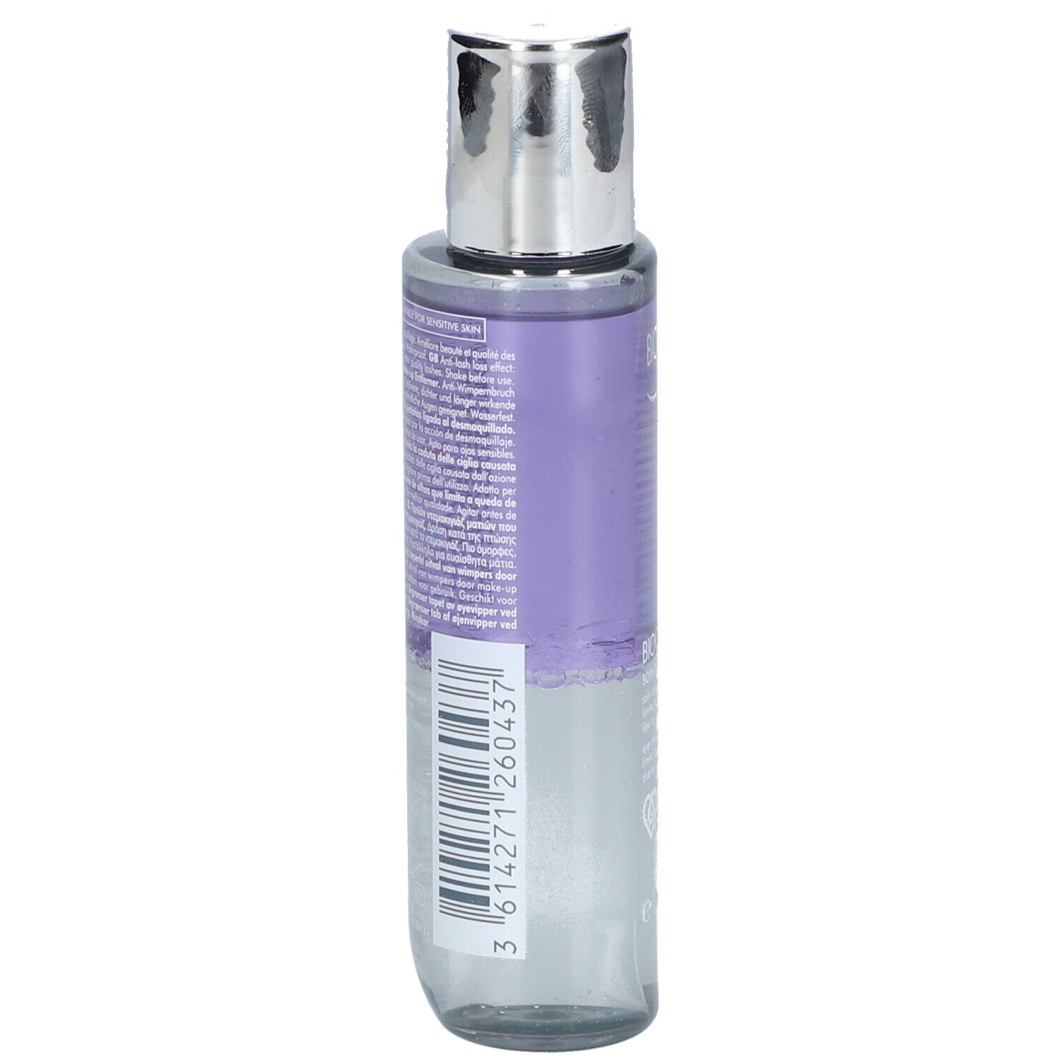 BIOTHERM Biocils Augen-Make-Up-Entferner. Flasche mit silbernem Deckel. Zwei Flüssigkeiten, lila und klar. BIOTHERM und BIOCILS Schriftzug.