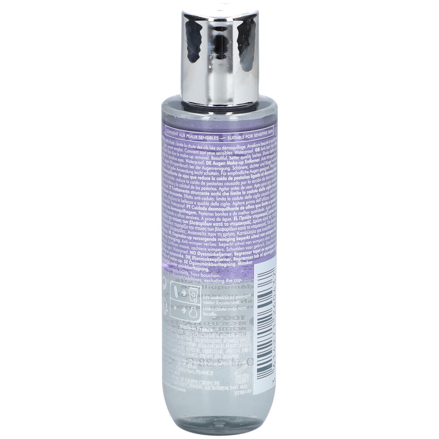 BIOTHERM Biocils Augen-Make-Up-Entferner. Flasche mit silbernem Deckel. Zwei Flüssigkeiten, lila und klar. BIOTHERM und BIOCILS Schriftzug.