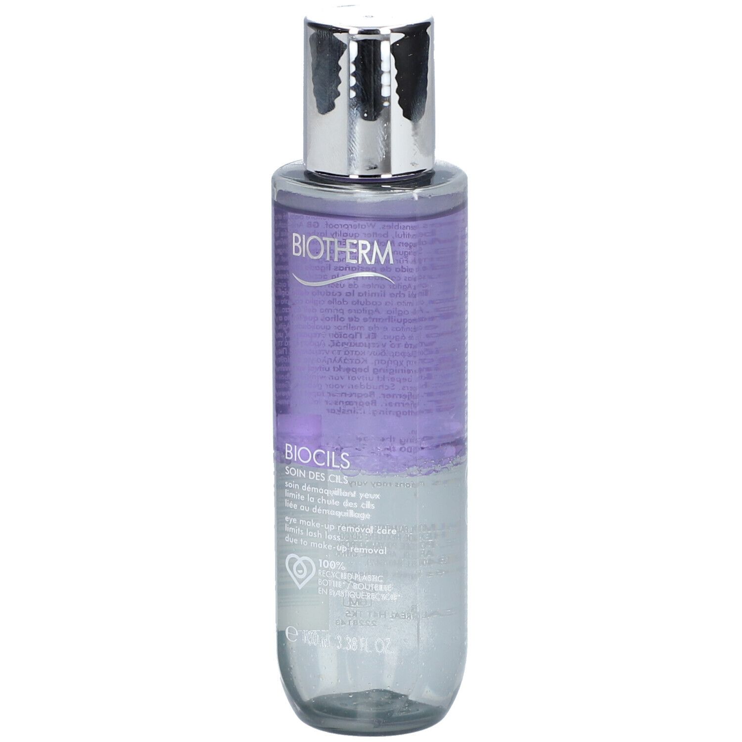 BIOTHERM Biocils Augen-Make-Up-Entferner. Flasche mit silbernem Deckel. Zwei Flüssigkeiten, lila und klar. BIOTHERM und BIOCILS Schriftzug.