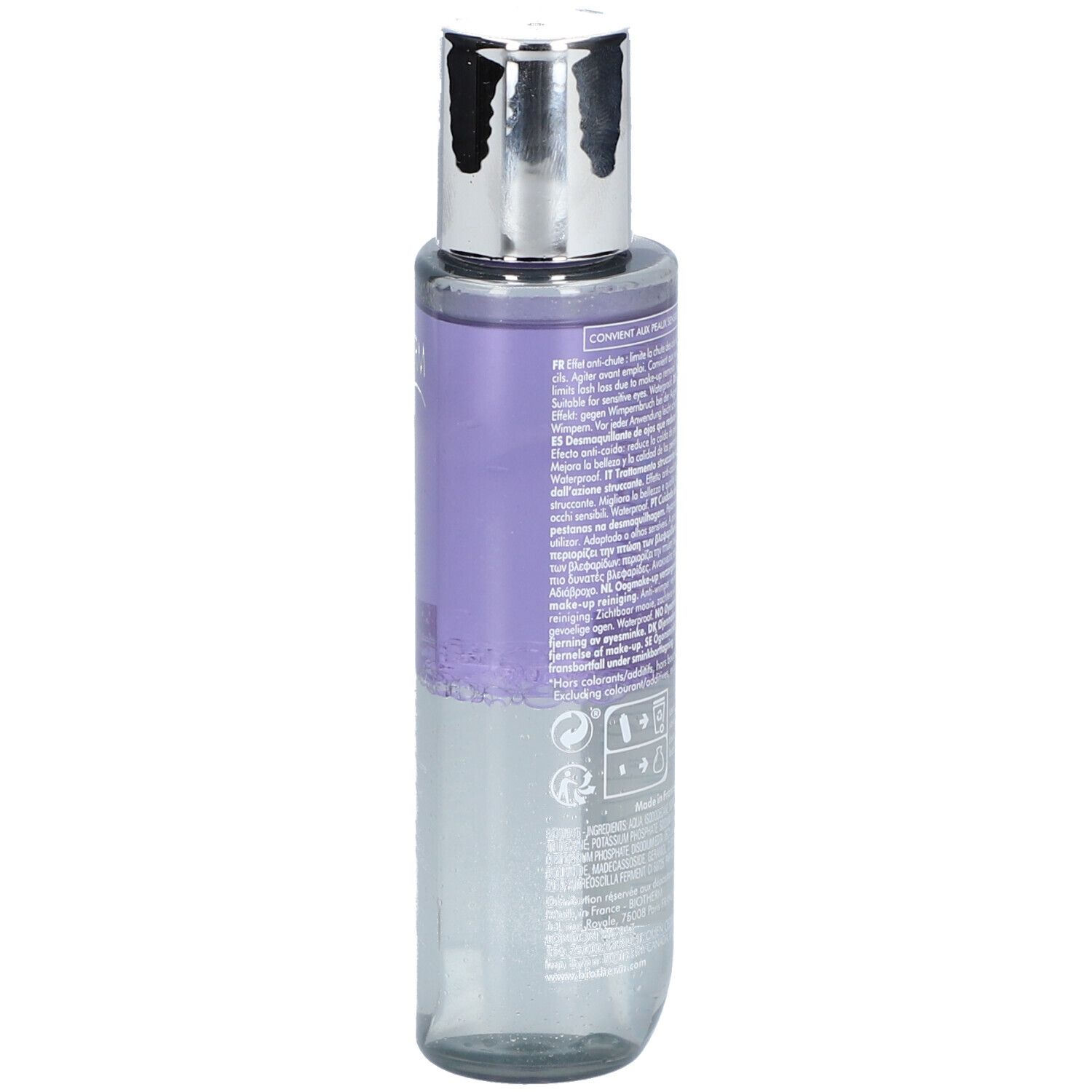 BIOTHERM Biocils Augen-Make-Up-Entferner. Flasche mit silbernem Deckel. Zwei Flüssigkeiten, lila und klar. BIOTHERM und BIOCILS Schriftzug.