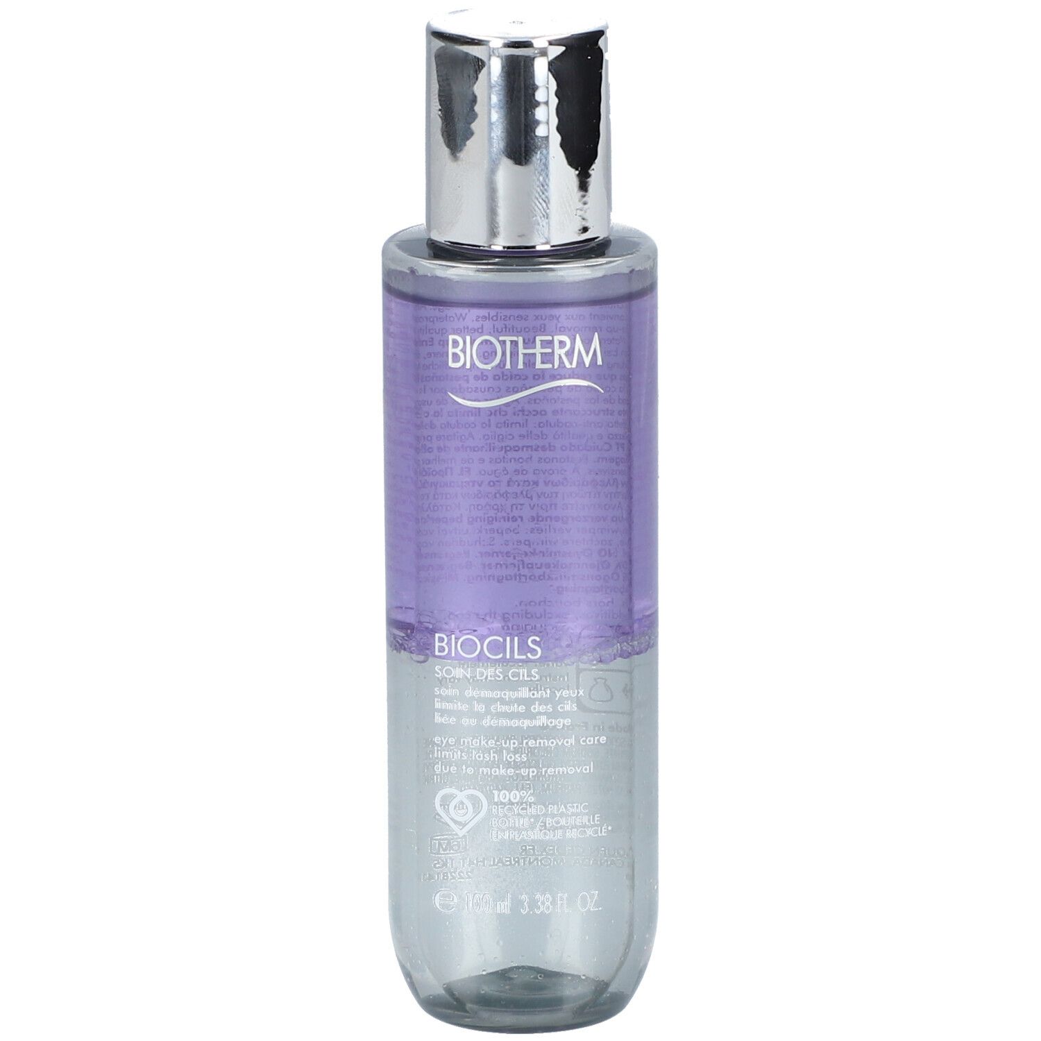BIOTHERM Biocils Augen-Make-Up-Entferner. Flasche mit silbernem Deckel. Zwei Flüssigkeiten, lila und klar. BIOTHERM und BIOCILS Schriftzug.