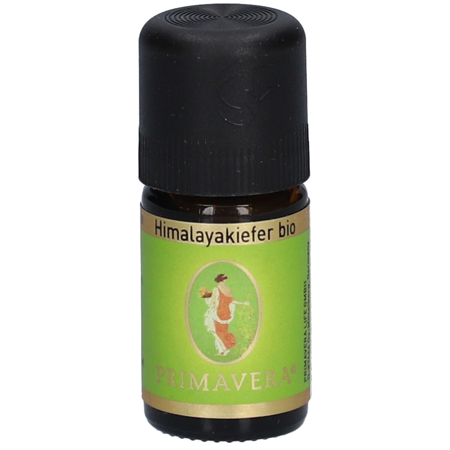 Flacon en verre brun avec bouchon noir. Étiquette avec nom du produit et logo. PRIMAVERA Himalayakiefer bio.