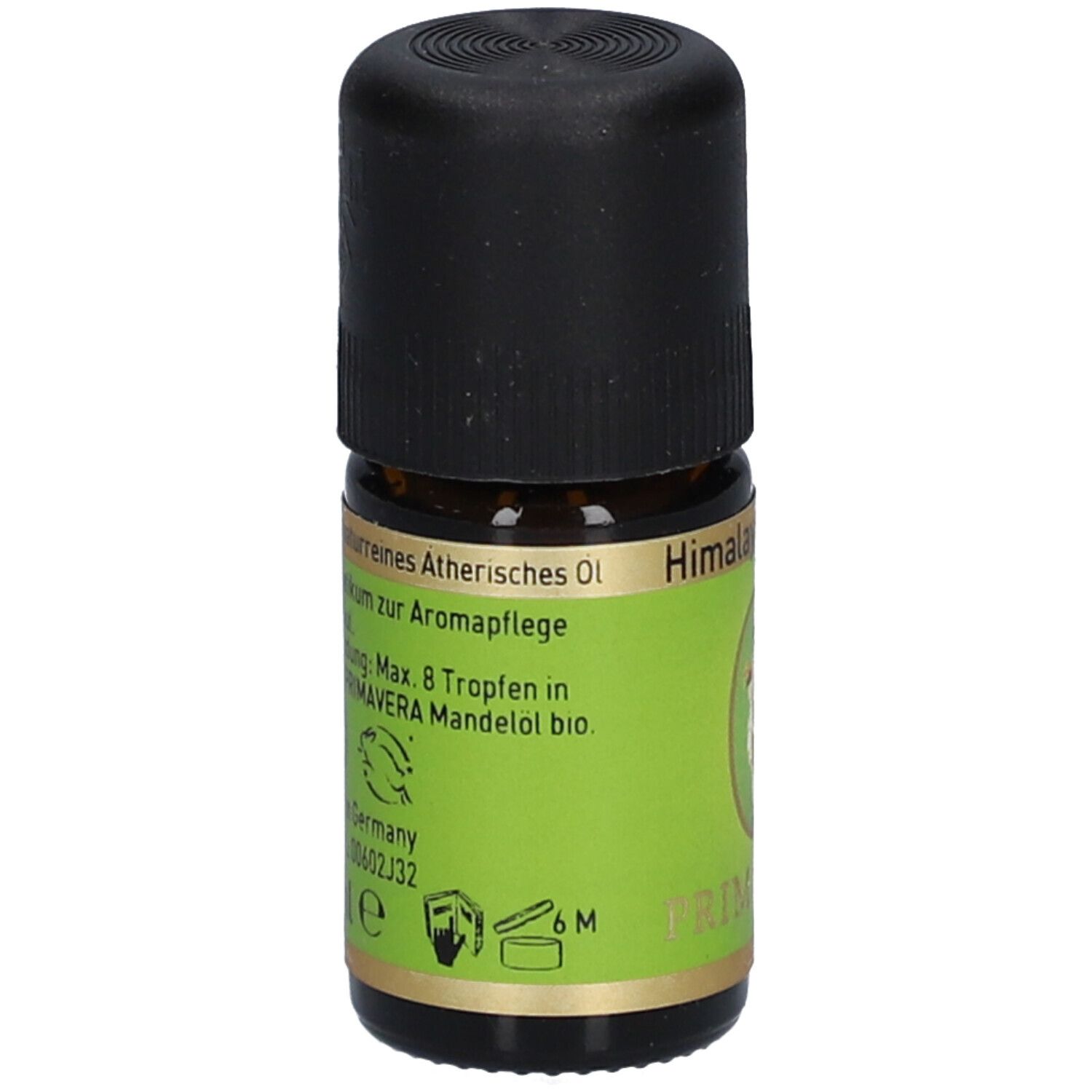 Flacon en verre brun avec bouchon noir. Étiquette avec informations sur le produit. PRIMAVERA Himalayakiefer bio.