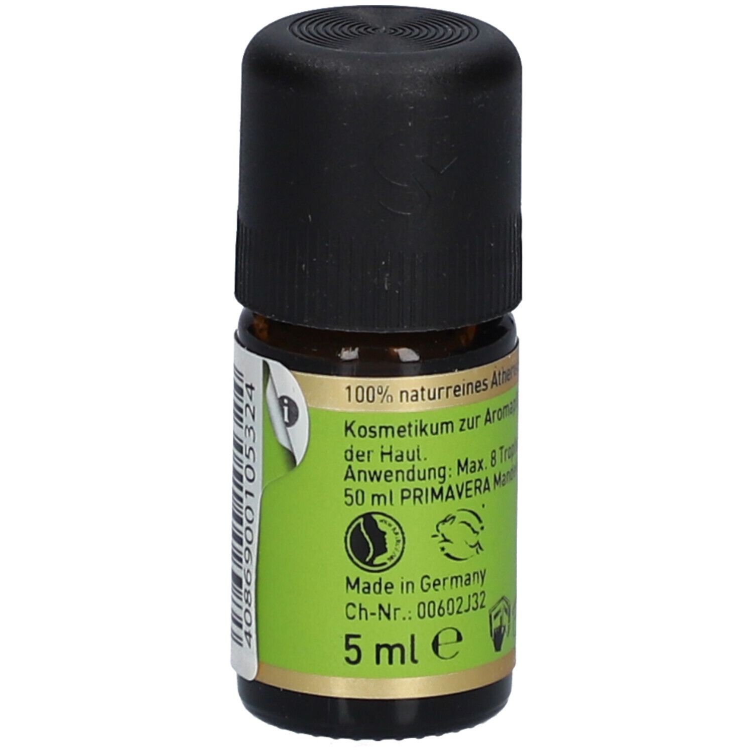 Flacon en verre brun avec bouchon noir. Étiquette avec informations et volume : 5 ml.