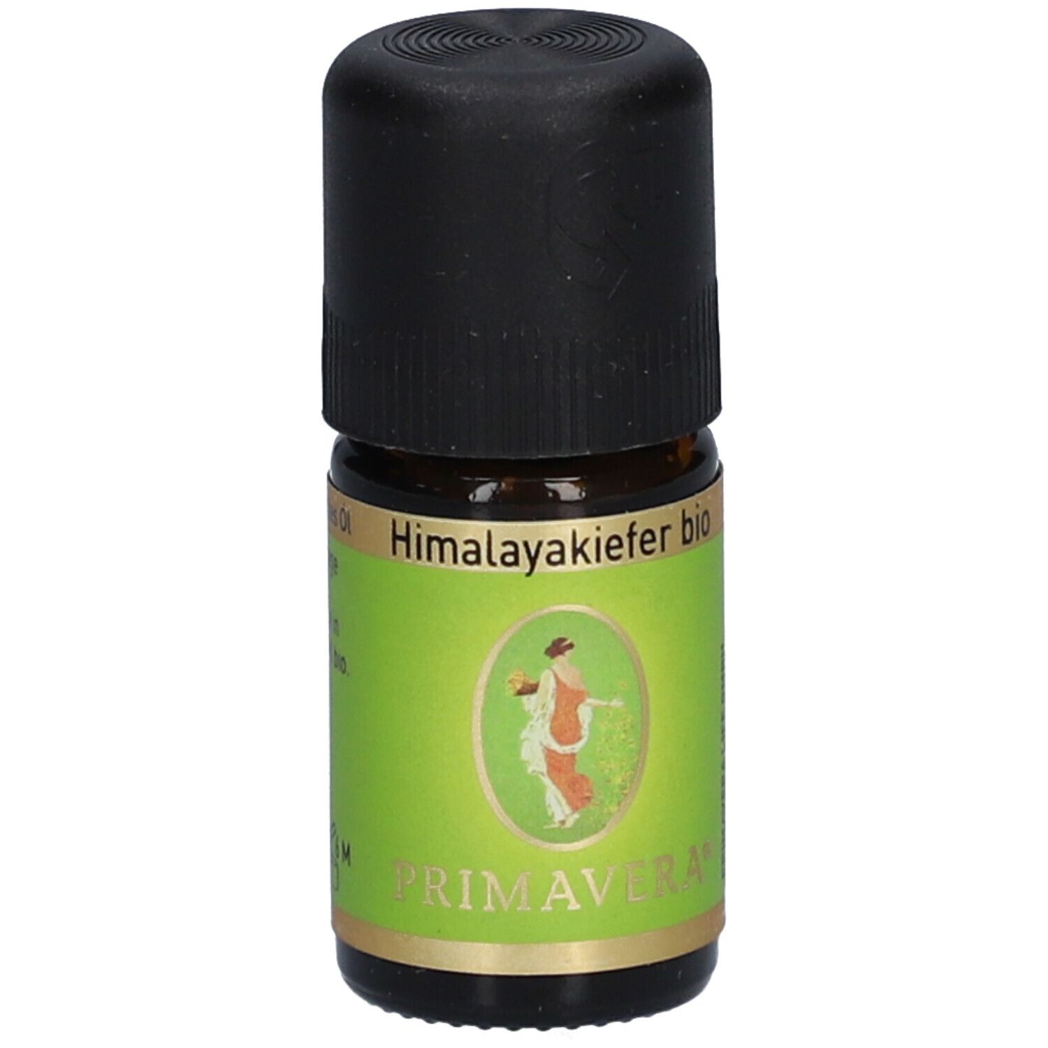 Flacon en verre brun avec bouchon noir. Étiquette avec nom du produit et logo. PRIMAVERA Himalayakiefer bio.