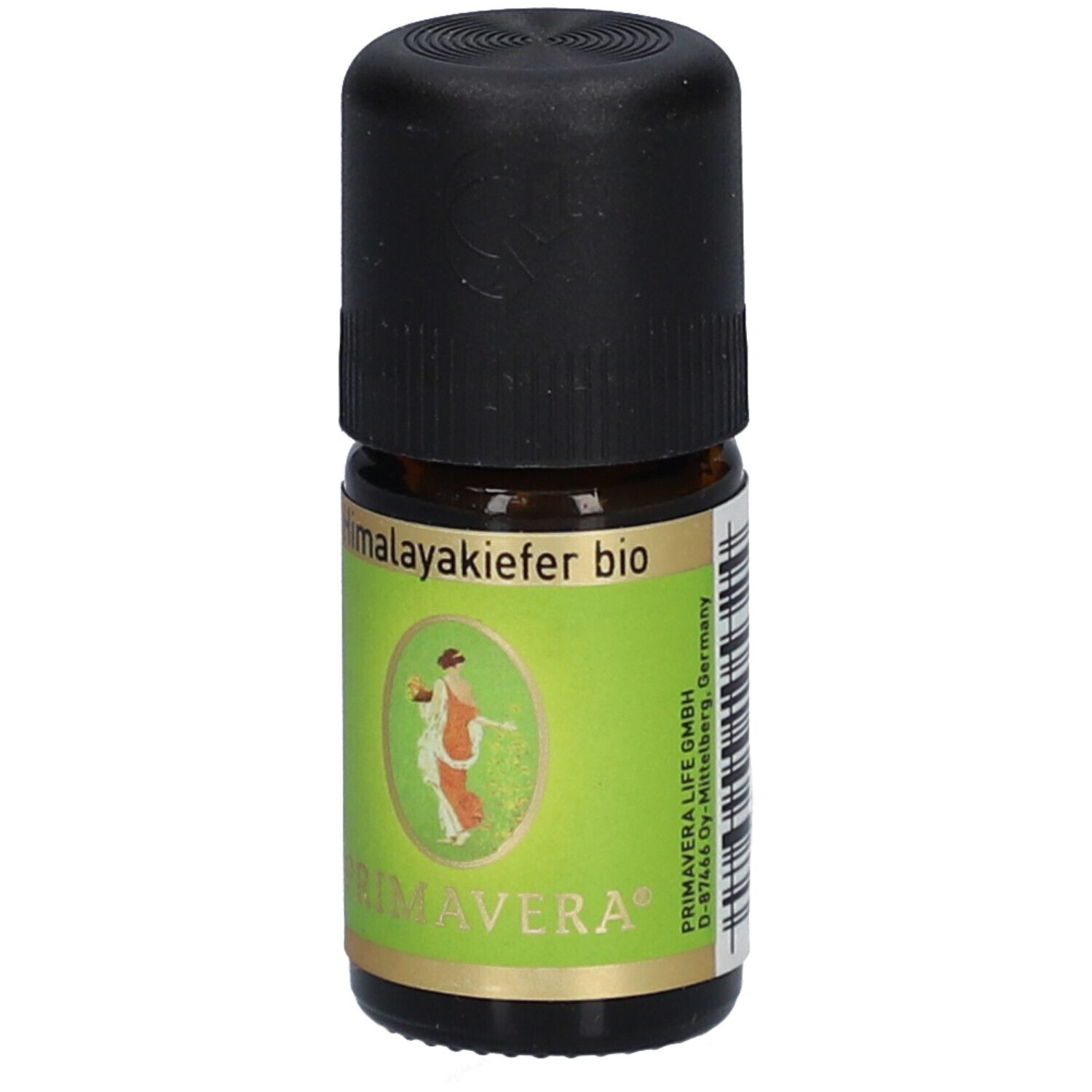 Flacon en verre brun avec bouchon noir. Étiquette avec nom du produit et logo. PRIMAVERA Himalayakiefer bio.