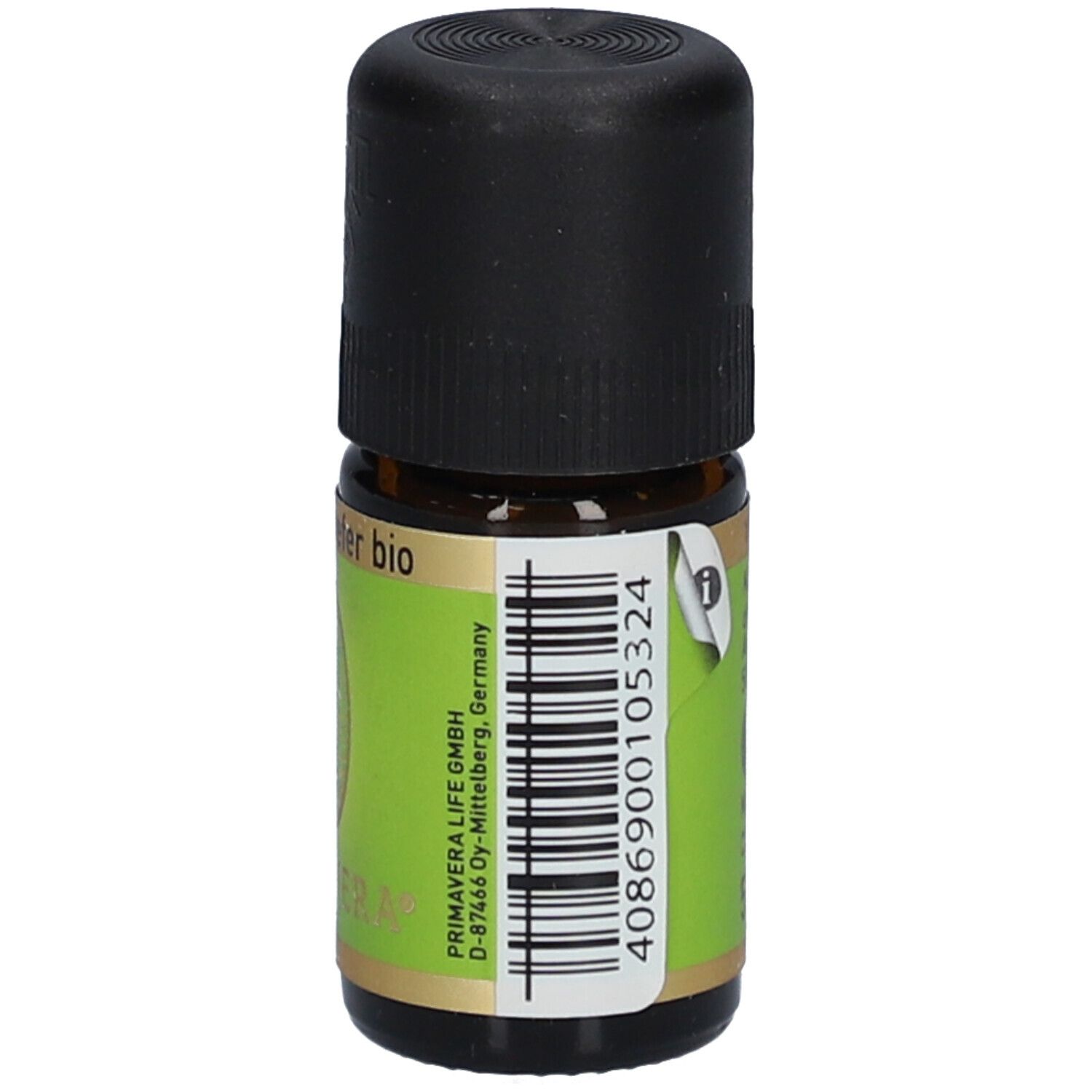 Flacon en verre brun avec bouchon noir. Étiquette avec code-barres et informations. PRIMAVERA.