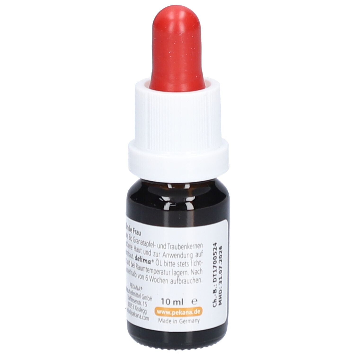 Flacon en verre brun avec pipette rouge. Étiquette avec texte et grenade. 10 ml. DDM: 31.07.2026.