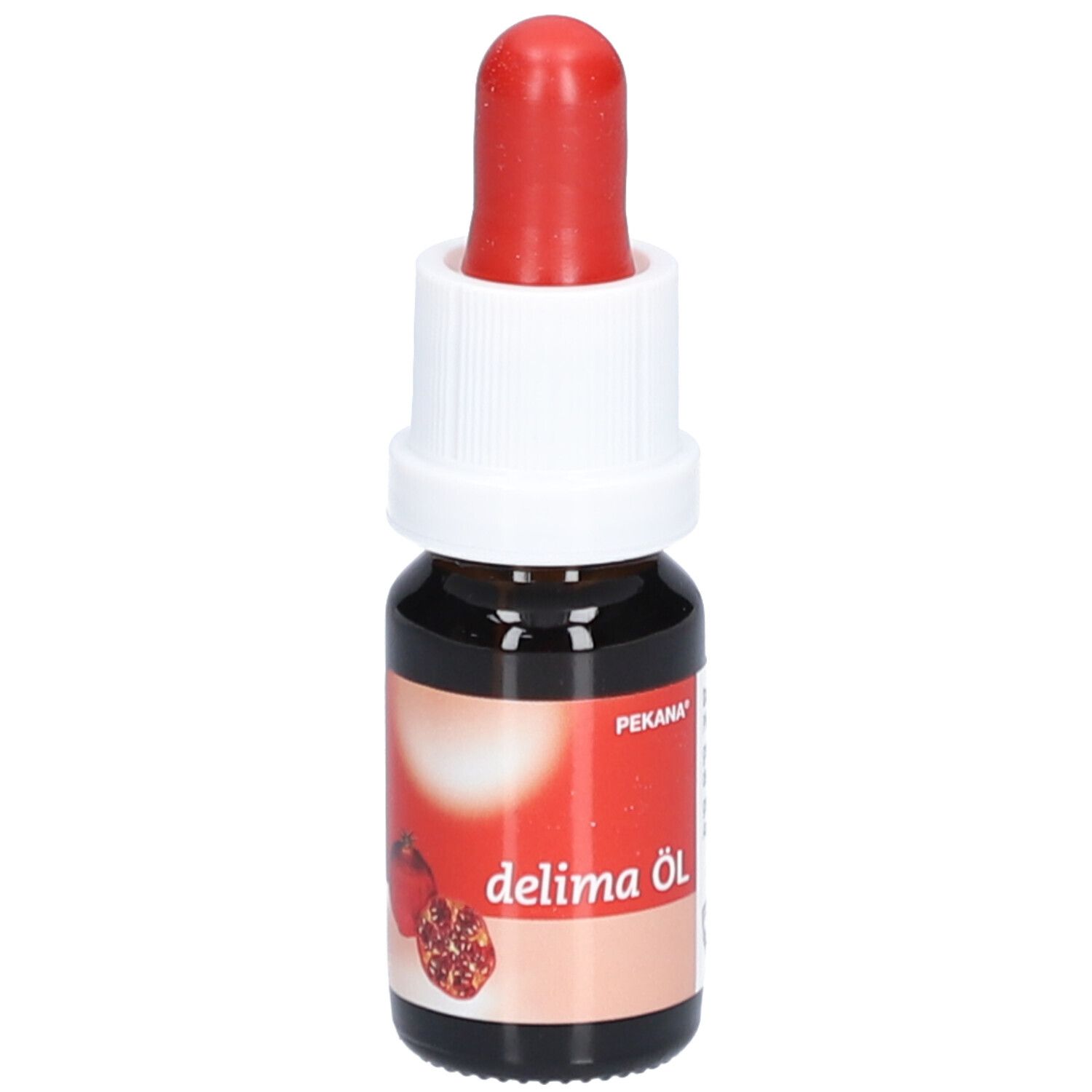 Flacon en verre brun avec pipette rouge. Étiquette avec texte et grenade. Pekana delima Öl.