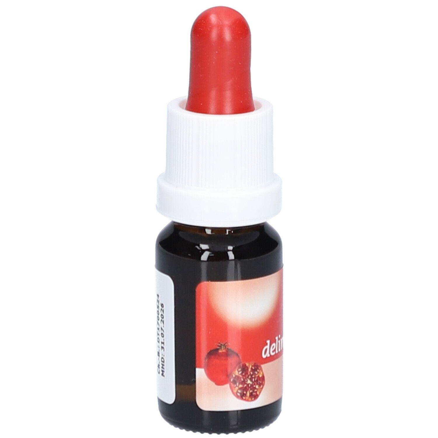 Flacon en verre brun avec pipette rouge. Étiquette avec texte et grenade. Pekana delima Öl.