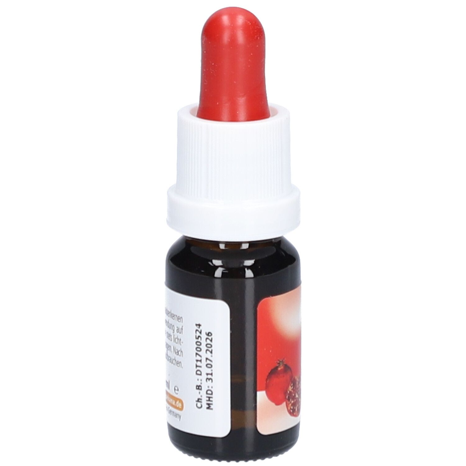 Flacon en verre brun avec pipette rouge. Étiquette avec texte et grenade. 10 ml. DDM: 31.07.2026.