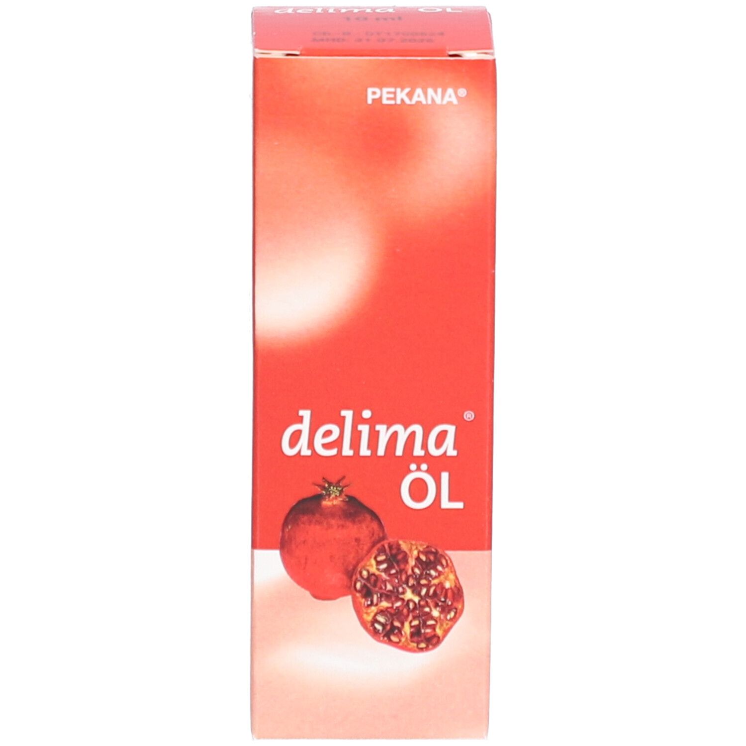 Emballage du produit. Boîte rouge avec texte et image de grenade. Pekana delima Öl.