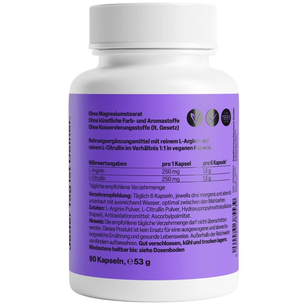 Rückseite der weißen Flasche. Enthält Informationen zu Inhaltsstoffen, Nährwerten und Verzehrempfehlung. Vegan-Siegel.