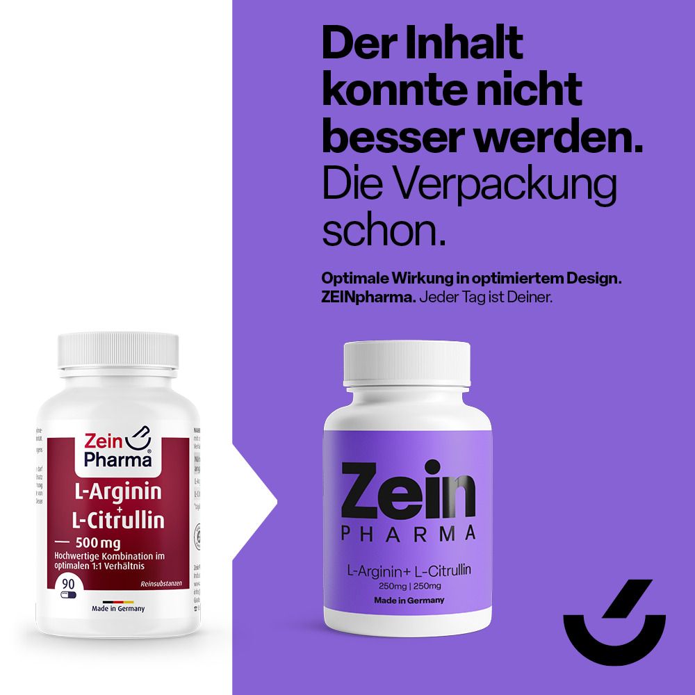 Zwei Flaschen, eine mit rotem Etikett, eine mit lila Etikett. Text: Optimale Wirkung in optimiertem Design. ZeinPharma.