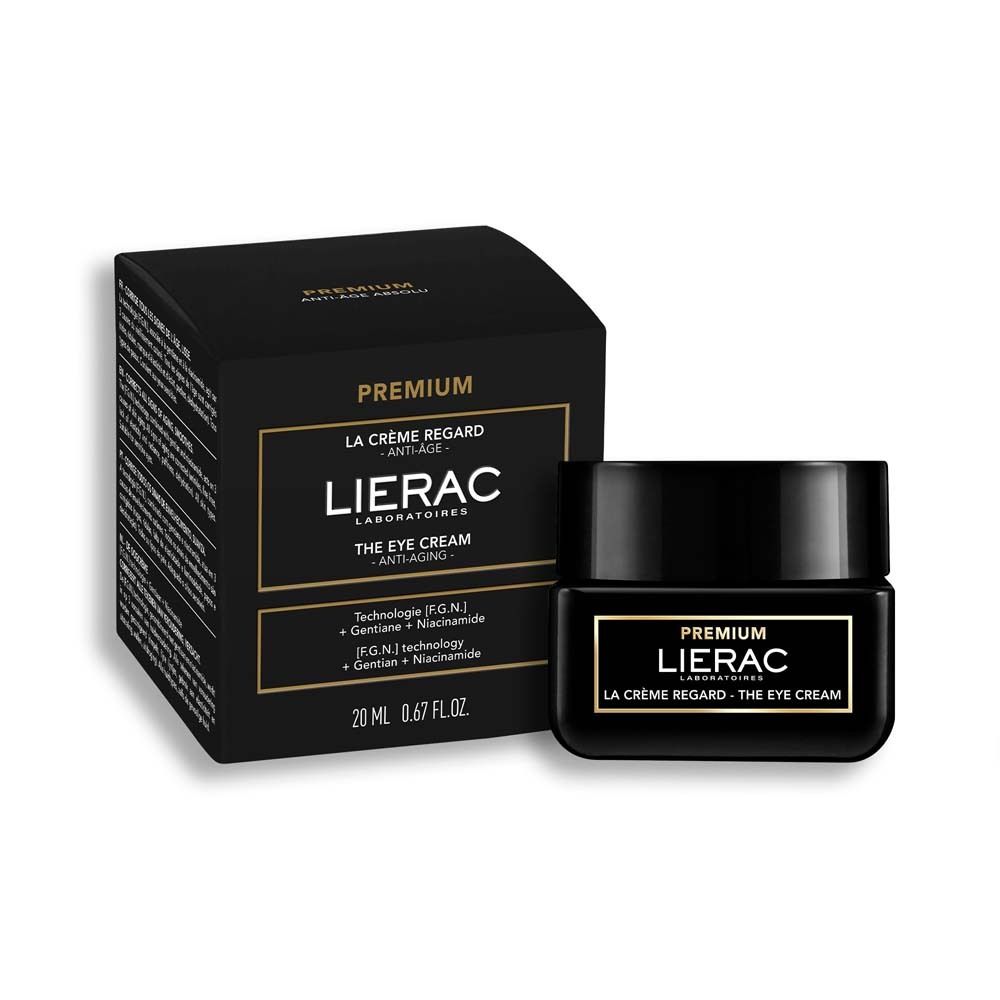 Boîte noire et pot. Inscription : PREMIUM LA CRÈME REGARD - ANTI-ÂGE. LIERAC LABORATOIRES.
