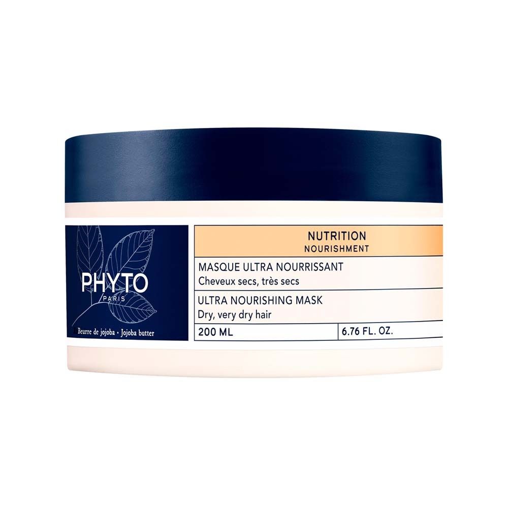 Pot rond PHYTO PARIS. Couvercle bleu, pot blanc. Texte: Ultra Nourishing Mask, 200 ml. Beurre de jojoba.
