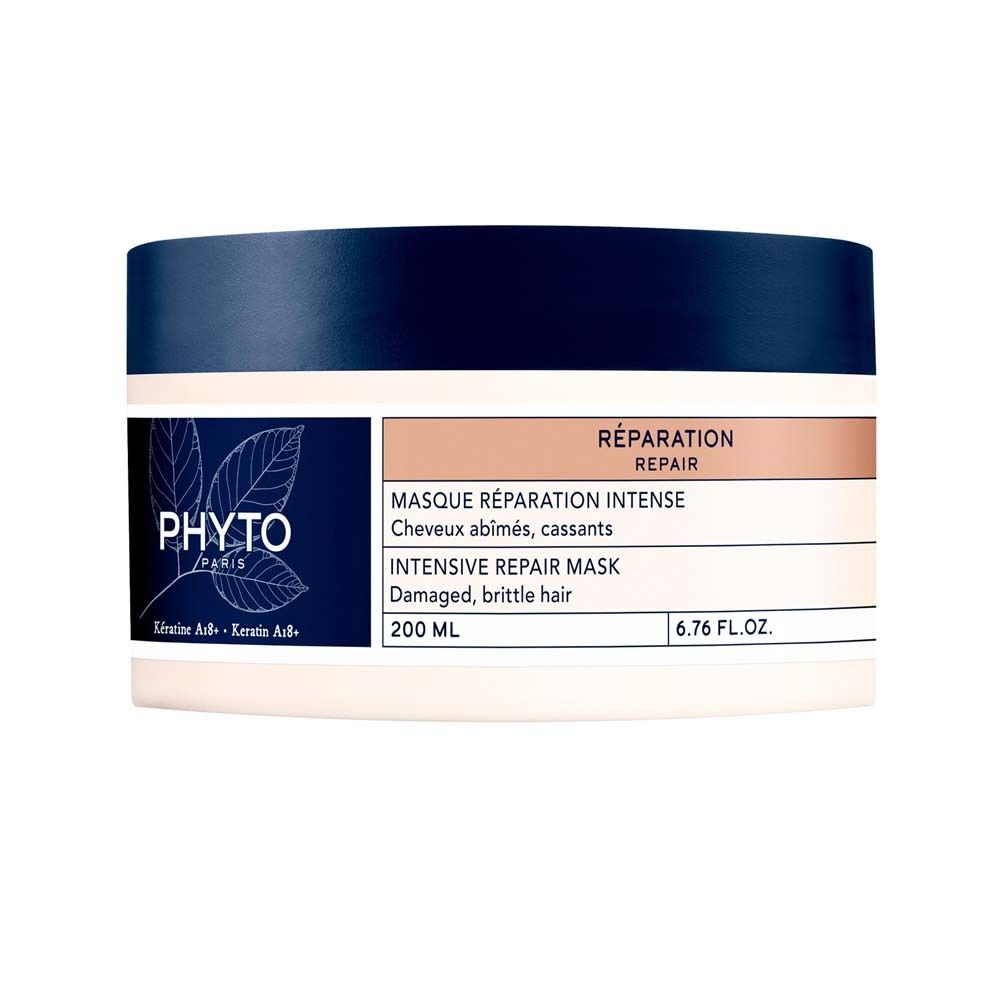Pot rond, couvercle bleu. Inscription PHYTO PARIS. Étiquette avec informations produit: Masque Réparation, 200 ml.