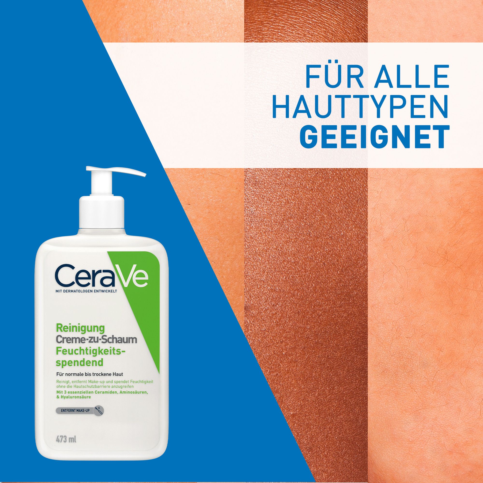 CeraVe Creme-zu-Schaum Reinigung für normale bis trockene Haut, Gesichtsreinigung & Make-up-Entferner, mit 3 essenziellen Ceramiden & Hyaluron