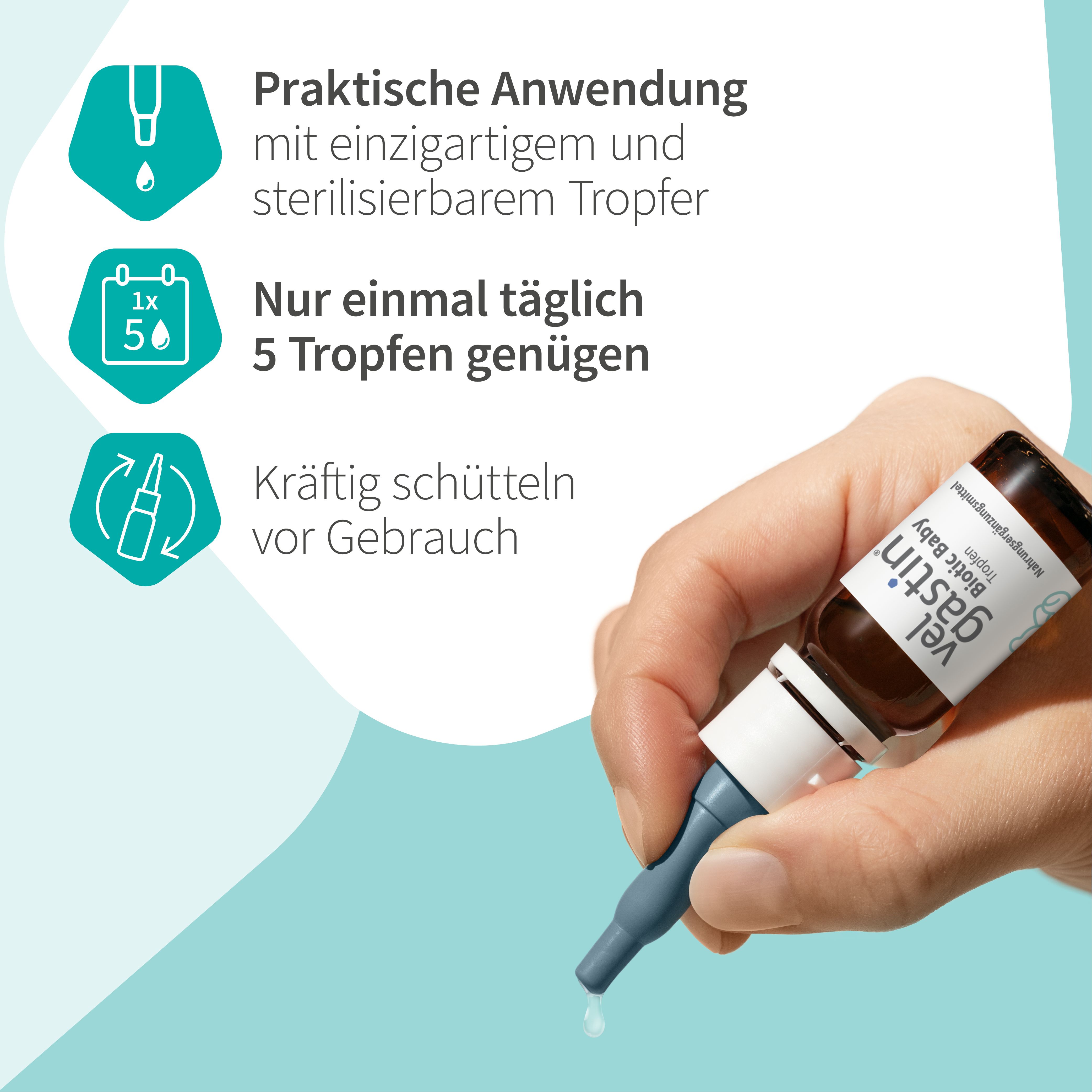 Hand hält Tropfflasche. Text: Praktische Anwendung, sterilisierbarer Tropfer, 5 Tropfen täglich. Vor Gebrauch schütteln.