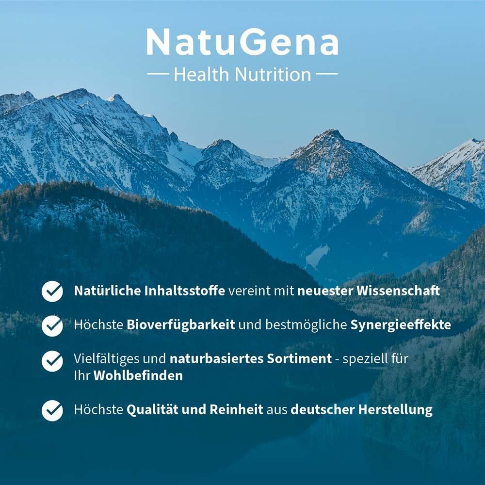 Montagnes en arrière-plan. Texte : Ingrédients naturels, biodisponibilité maximale, assortiment varié, qualité.