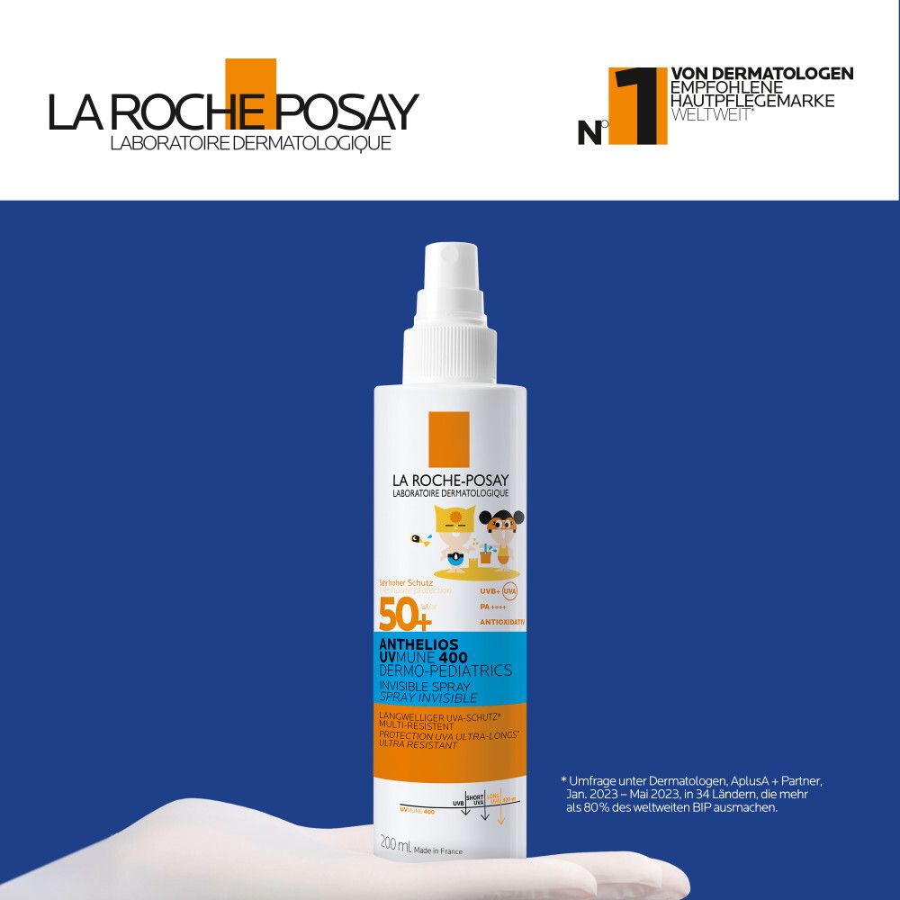 Spray solaire blanc avec tête de pulvérisation. Inscriptions : La Roche-Posay, Anthelios UVMune 400, SPF 50+, illustrations enfants. Logo : Recommandé par les dermatologues.