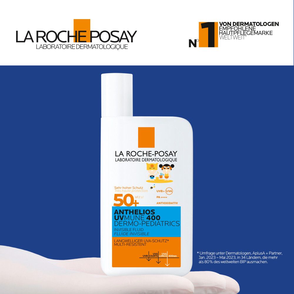 Flacon blanc avec étiquette orange. Inscription: La Roche-Posay, Anthelios UVMUNE 400, Dermo-Pediatrics, SPF 50+.
