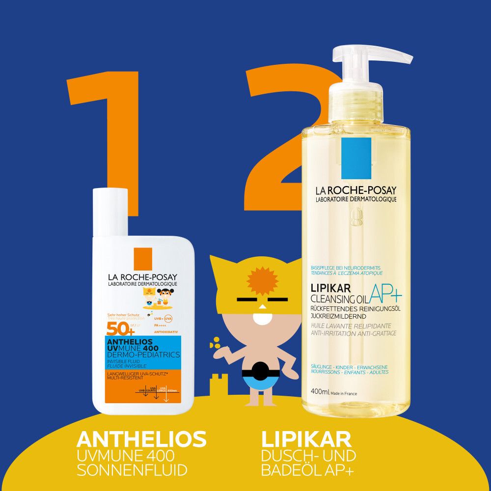 Deux produits: Anthelios UVMUNE 400 fluide solaire et Lipikar huile de douche et bain. Les deux avec étiquettes.
