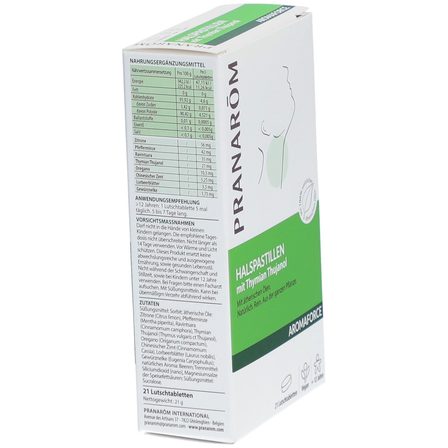 Boîte de pastilles pour la gorge PRANAROM Thymian Thujanol. Informations nutritionnelles et ingrédients. 21 pastilles.