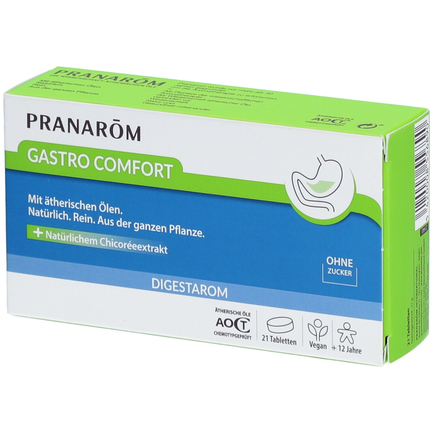 Boîte GASTRO COMFORT. Emballage vert, blanc et bleu. Texte: Avec huiles essentielles, sans sucre, 21 comprimés.