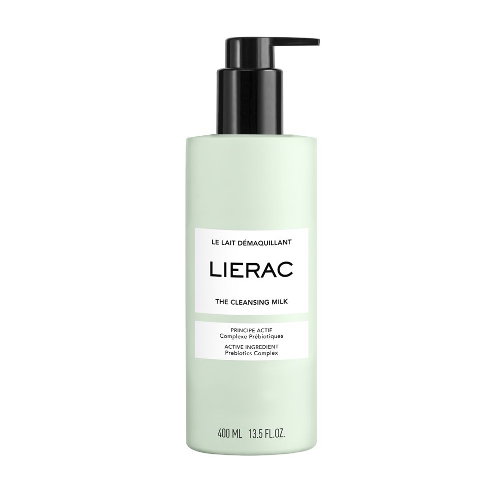 LIERAC Reinigungsmilch in einem hellgrünen Spender mit schwarzer Pumpe. 400 ml.