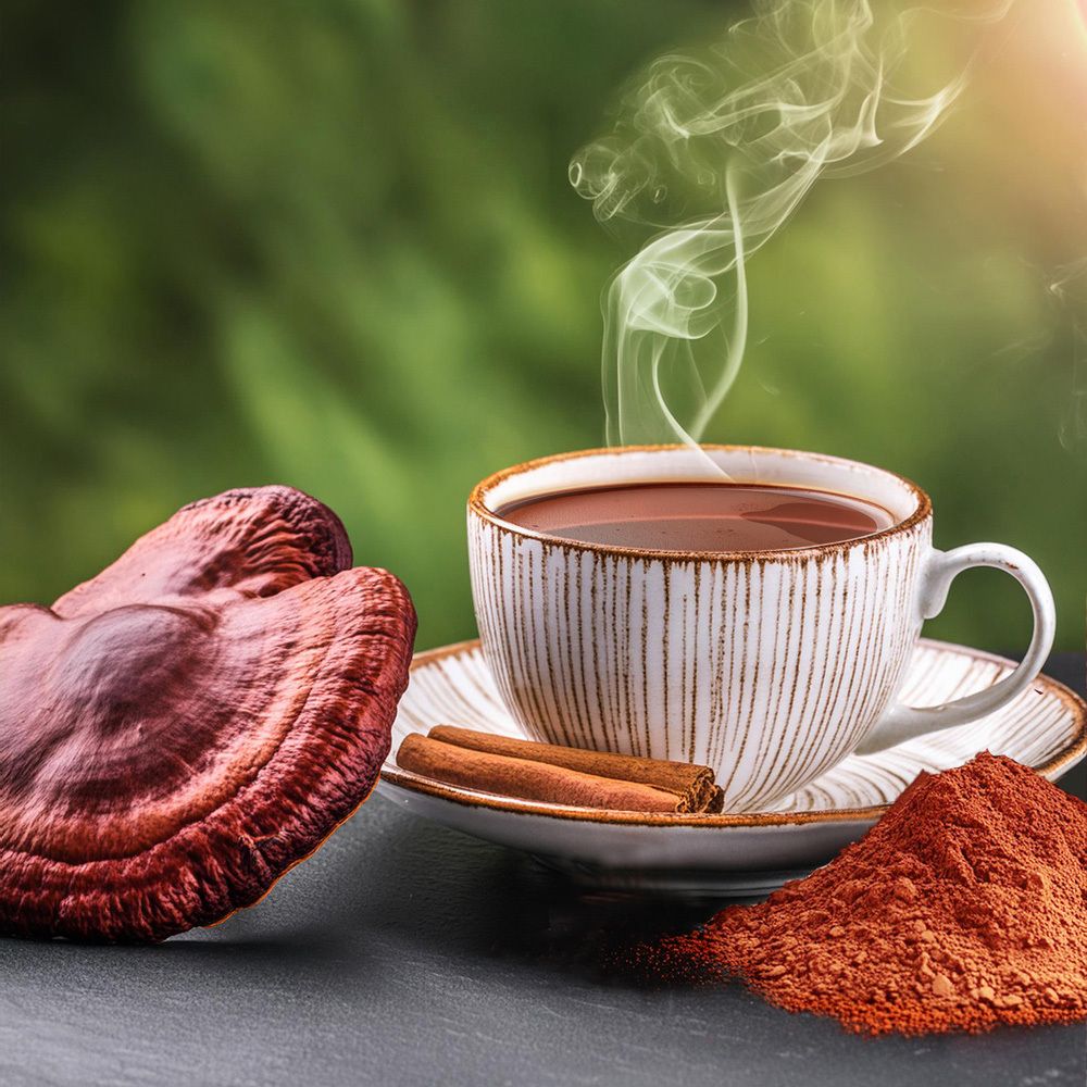 Tasse de café fumant, champignon Reishi, bâtons de cannelle et poudre. Sur fond noir.