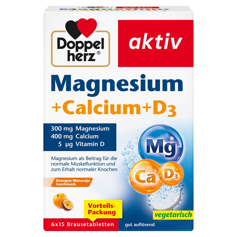 Brausetabletten-Packung mit Doppelherz-Logo. Enthält Magnesium, Calcium und Vitamin D3. 6x15 Tabletten. Vegetarisch.