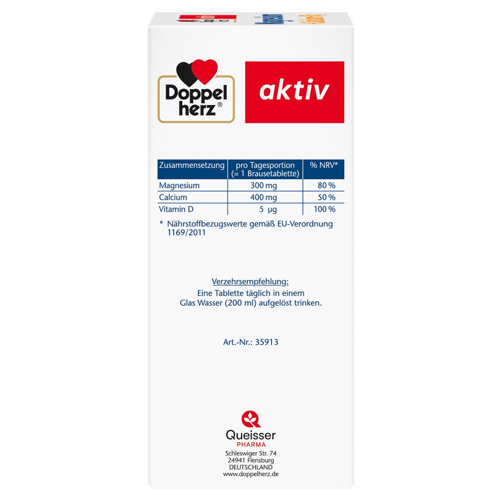 Brausetabletten-Packung, Seitenansicht. Enthält Informationen zu Inhaltsstoffen und Nährwerten. Queisser Pharma.