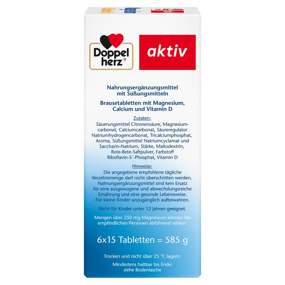 Brausetabletten-Packung, Seitenansicht. Enthält Informationen zu Inhaltsstoffen und Warnhinweisen. 6x15 Tabletten = 585 g.