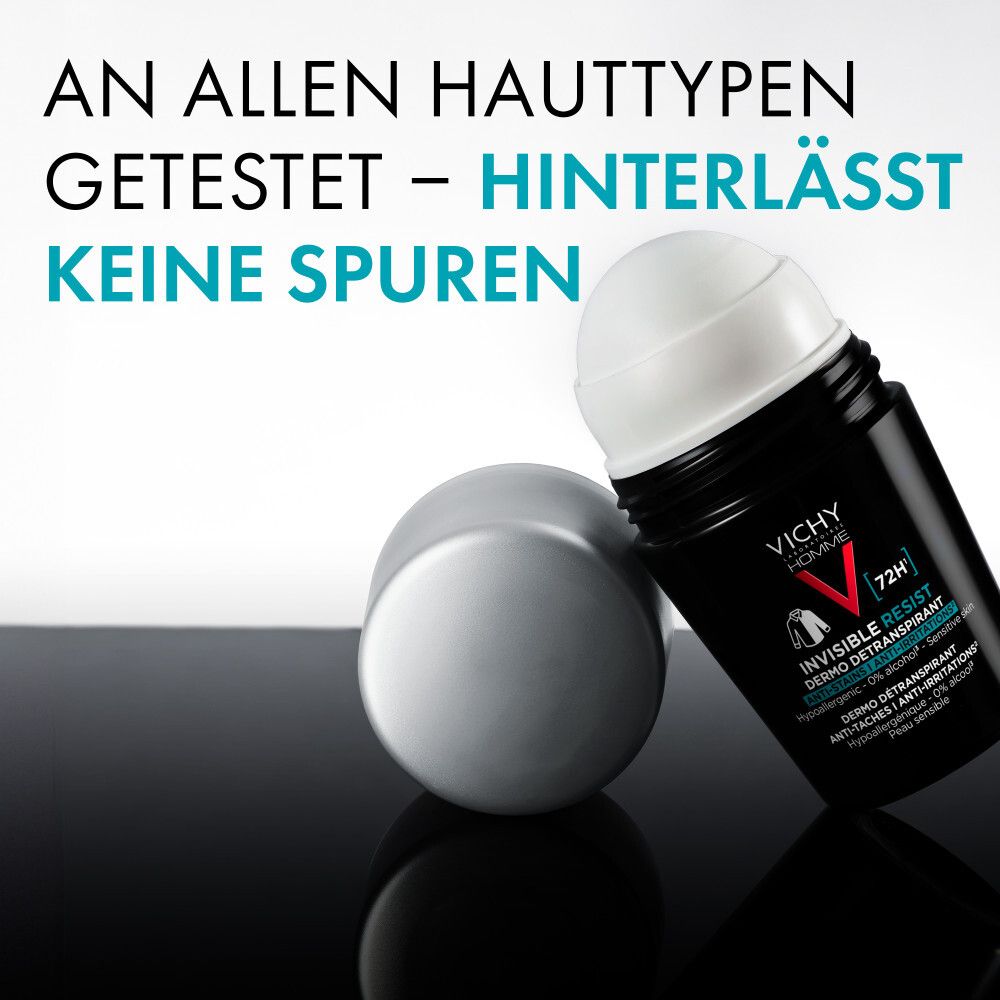 Roll-on déodorant avec bouchon argenté. Texte : Vichy Homme, 72h, Invisible Resist. Sur fond noir.