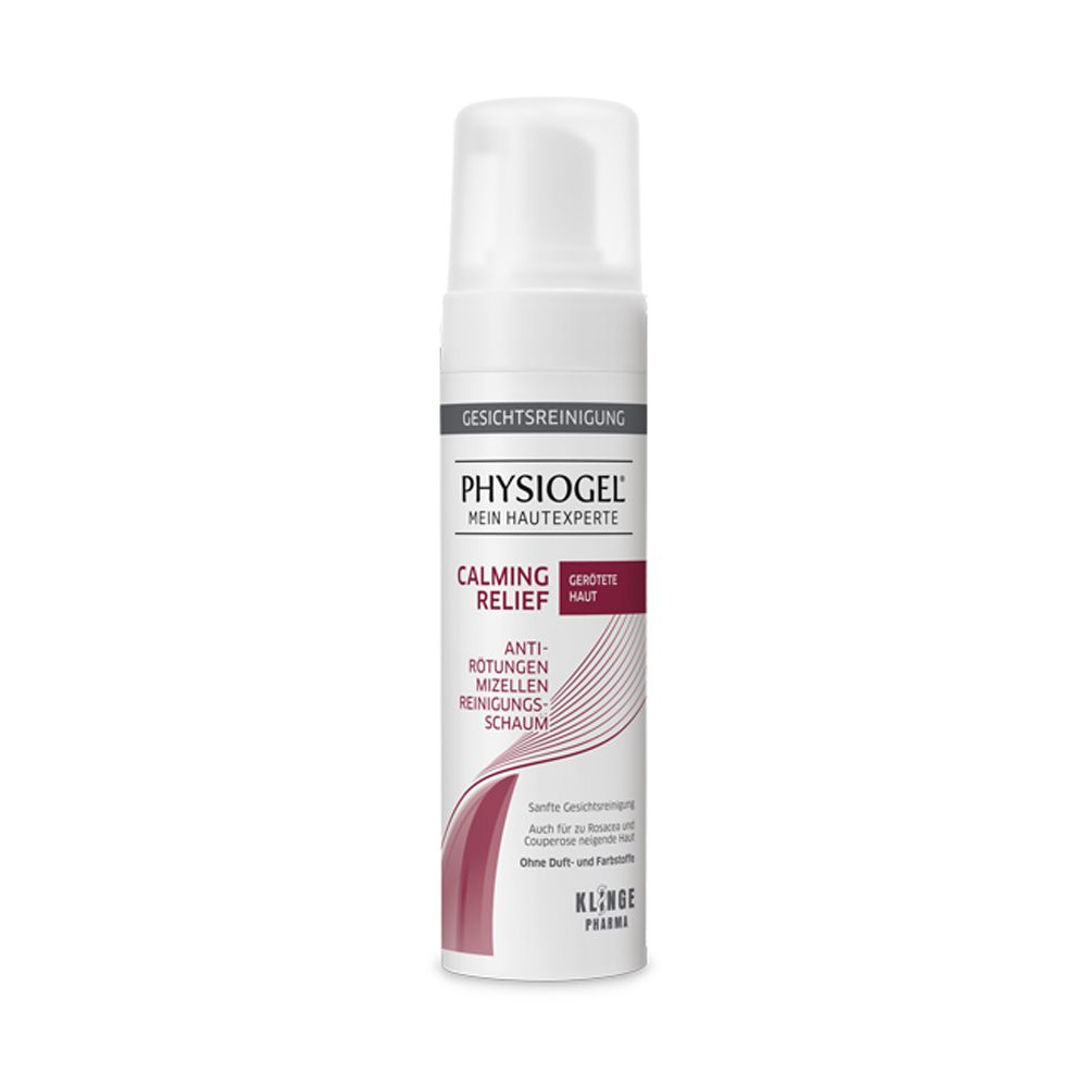 Flacon blanc avec texte. PHYSIOGEL Calming Relief Anti-Rougeurs Mousse Nettoyante Micellaire. Klinge Pharma.